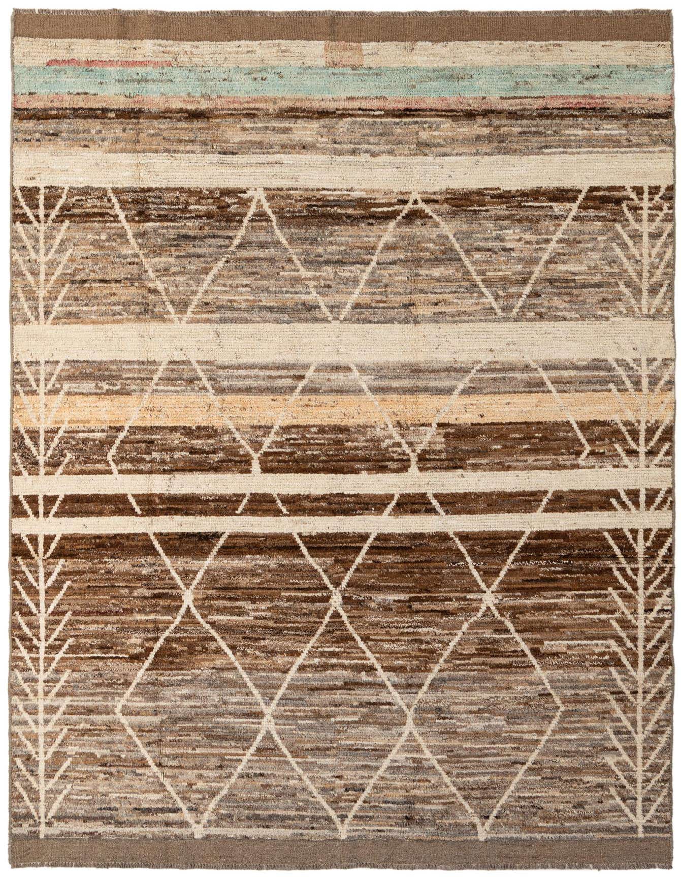 A 6x9 rectangular Darya wool rug featuring a modern abstract pattern in varying shades of brown, tan, and cream with subtle hints of light blue and pink stripes at the top.