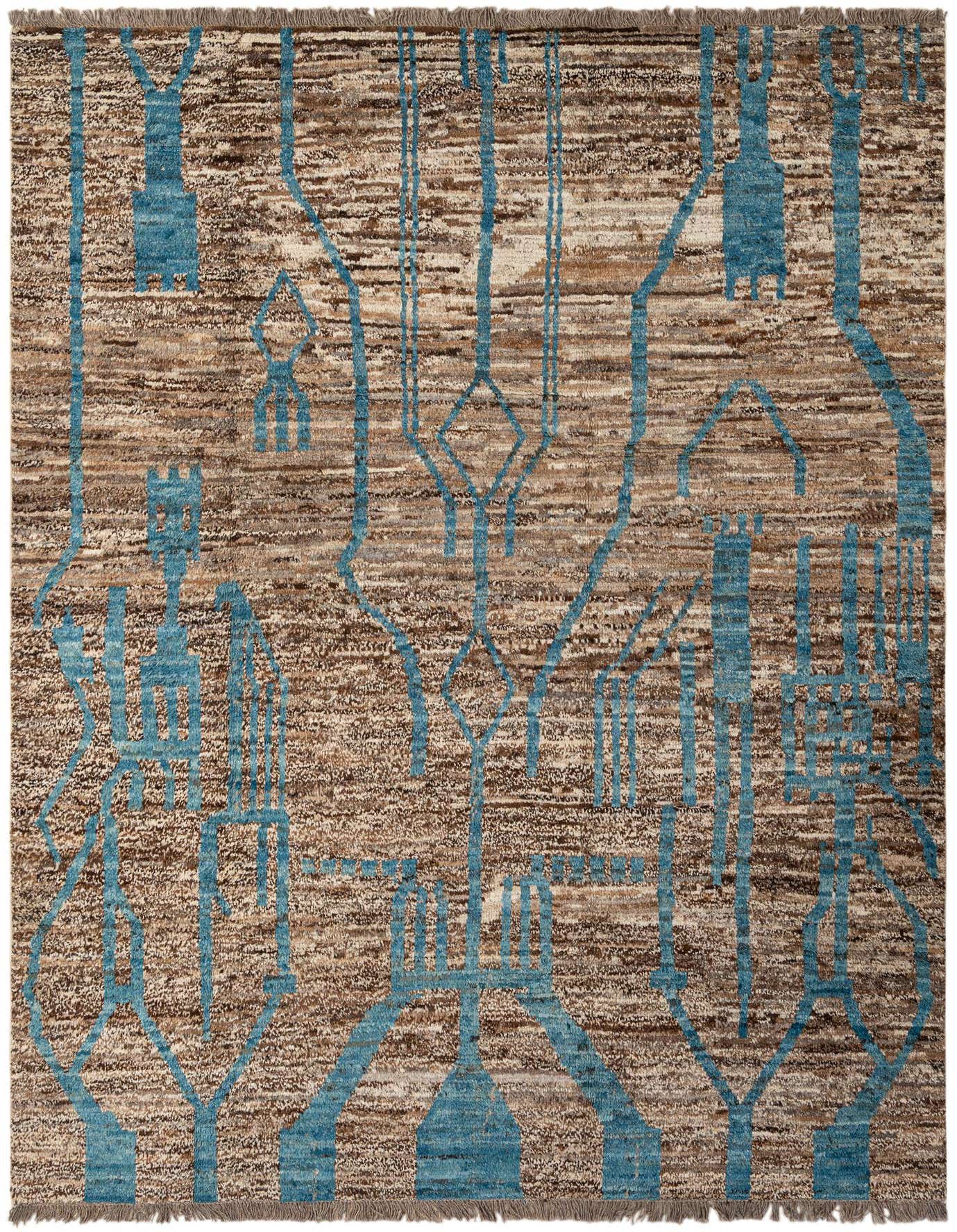 A 7x10 rectangular Darya rug with a modern teal abstract pattern on a textured brown and tan background.
