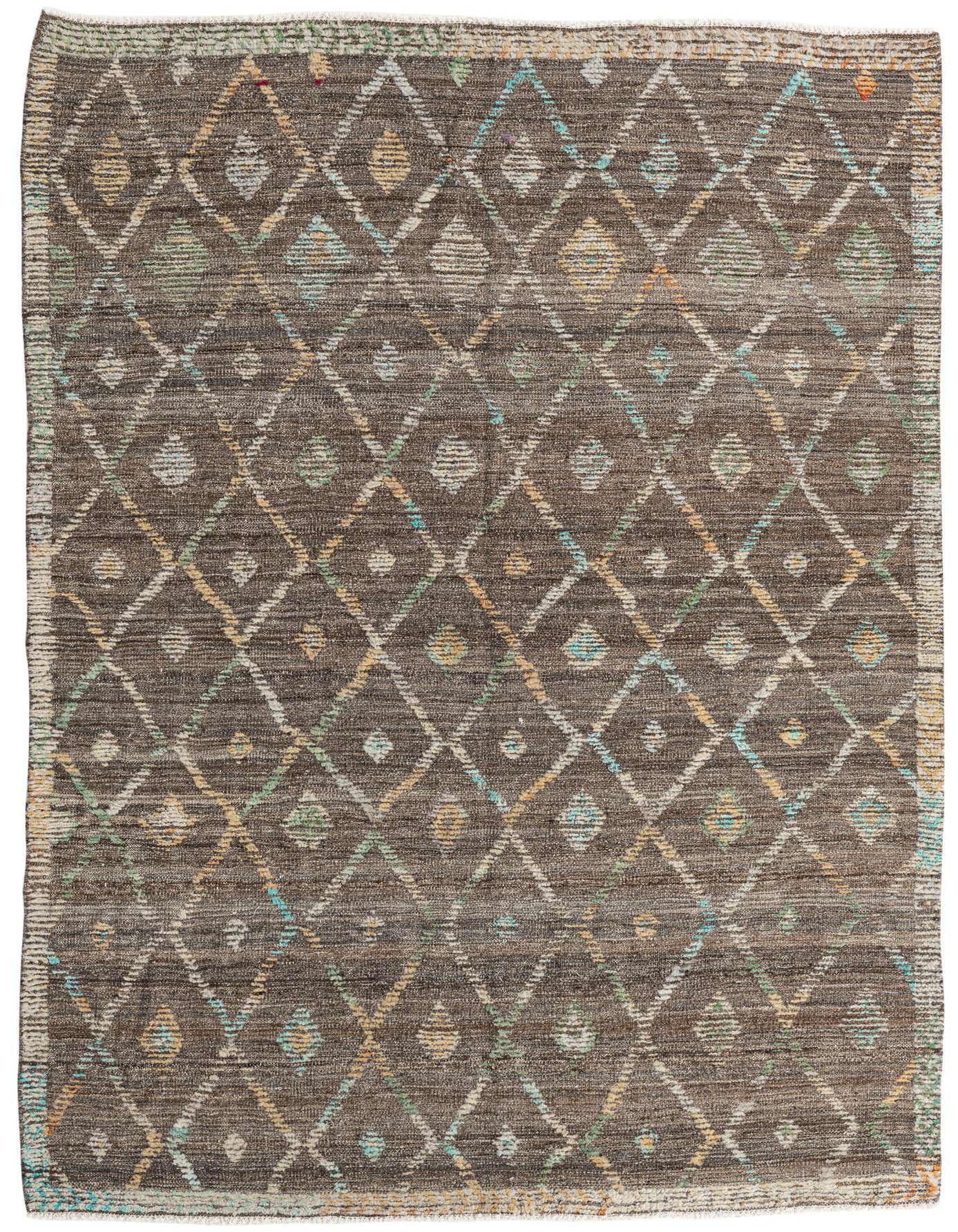 A 5x8 rectangular Darya rug with a brown and tan Southwestern diamond pattern, handmade from wool.