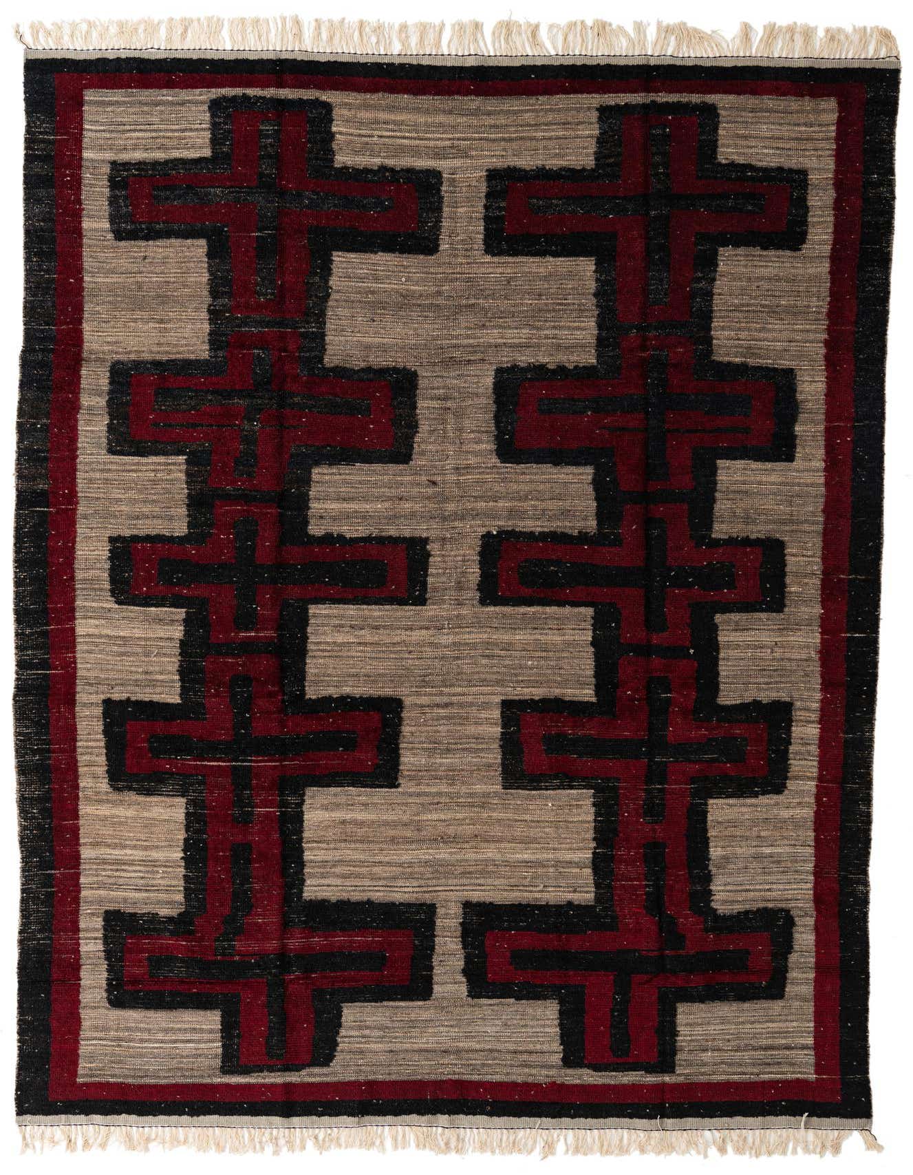 A 9x12 rectangular Darya rug with a modern abstract pattern in brown, tan, black, and red, featuring large block-like cross shapes.