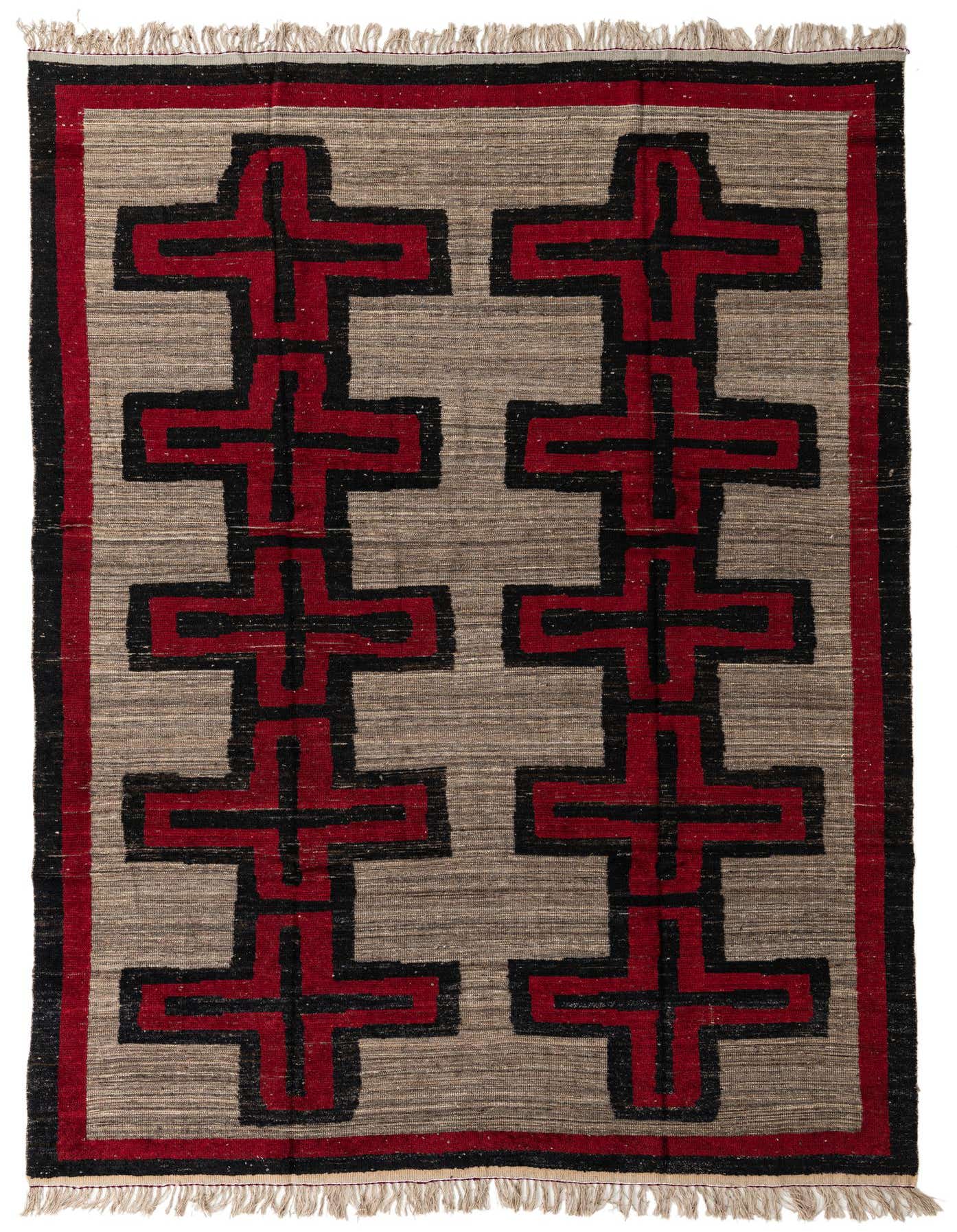 A 9x12 rectangular brown wool rug with a modern abstract pattern of interlocking red and black shapes, featuring fringed edges.