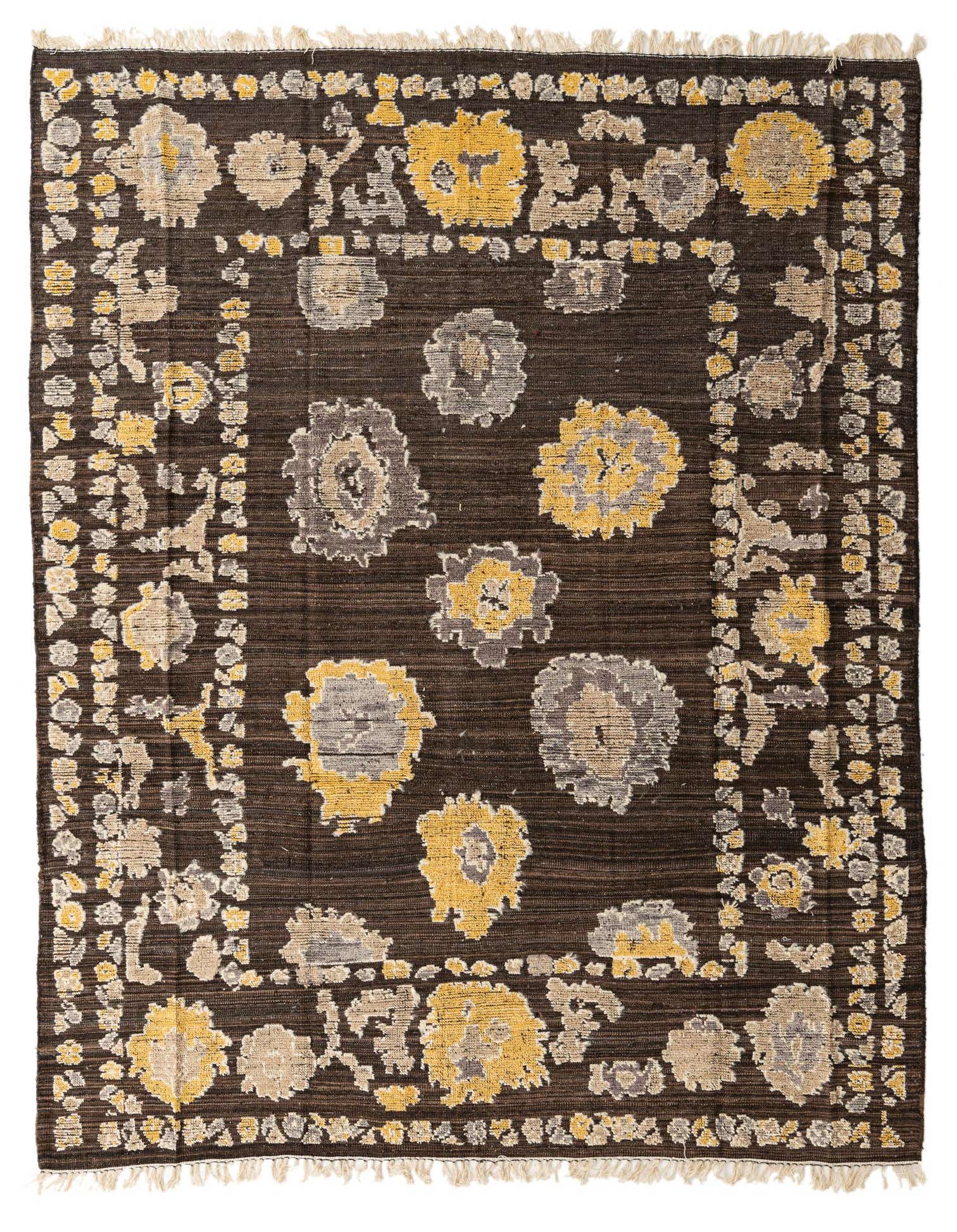 A rectangular 8x10 Darya Collection wool rug featuring a dark brown background with abstract floral patterns in tan, grey, and golden yellow.
