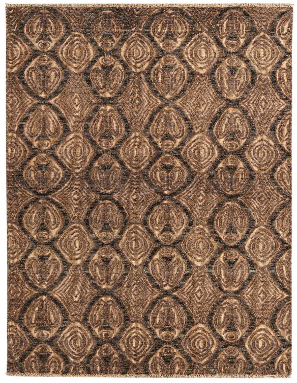 A 5x8 rectangular Darya rug in shades of brown and tan, featuring a modern abstract and oriental pattern, perfect for a living room.