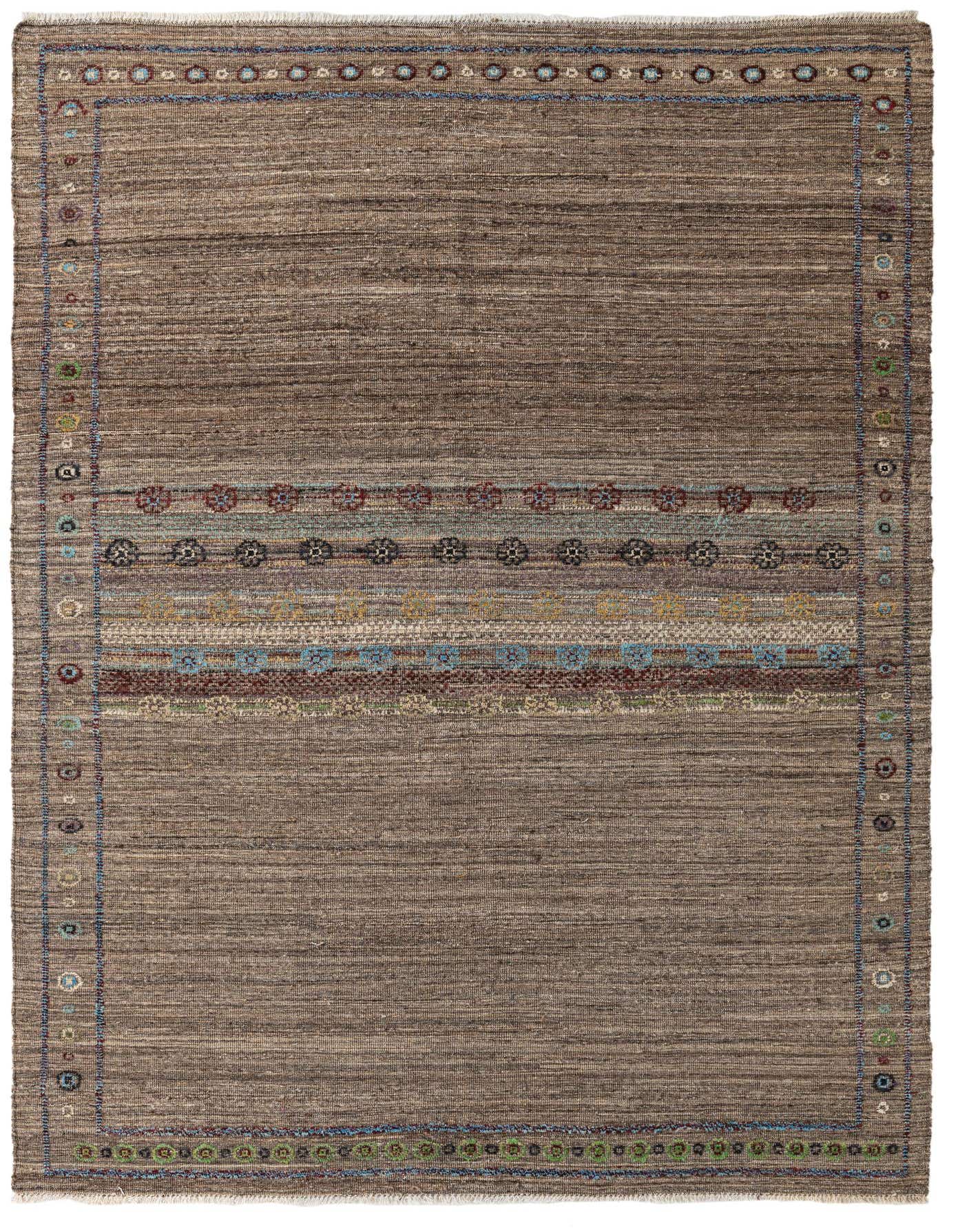 A 6x9 rectangular Darya rug with a brown and tan abstract pattern, featuring colorful border accents and horizontal stripes.