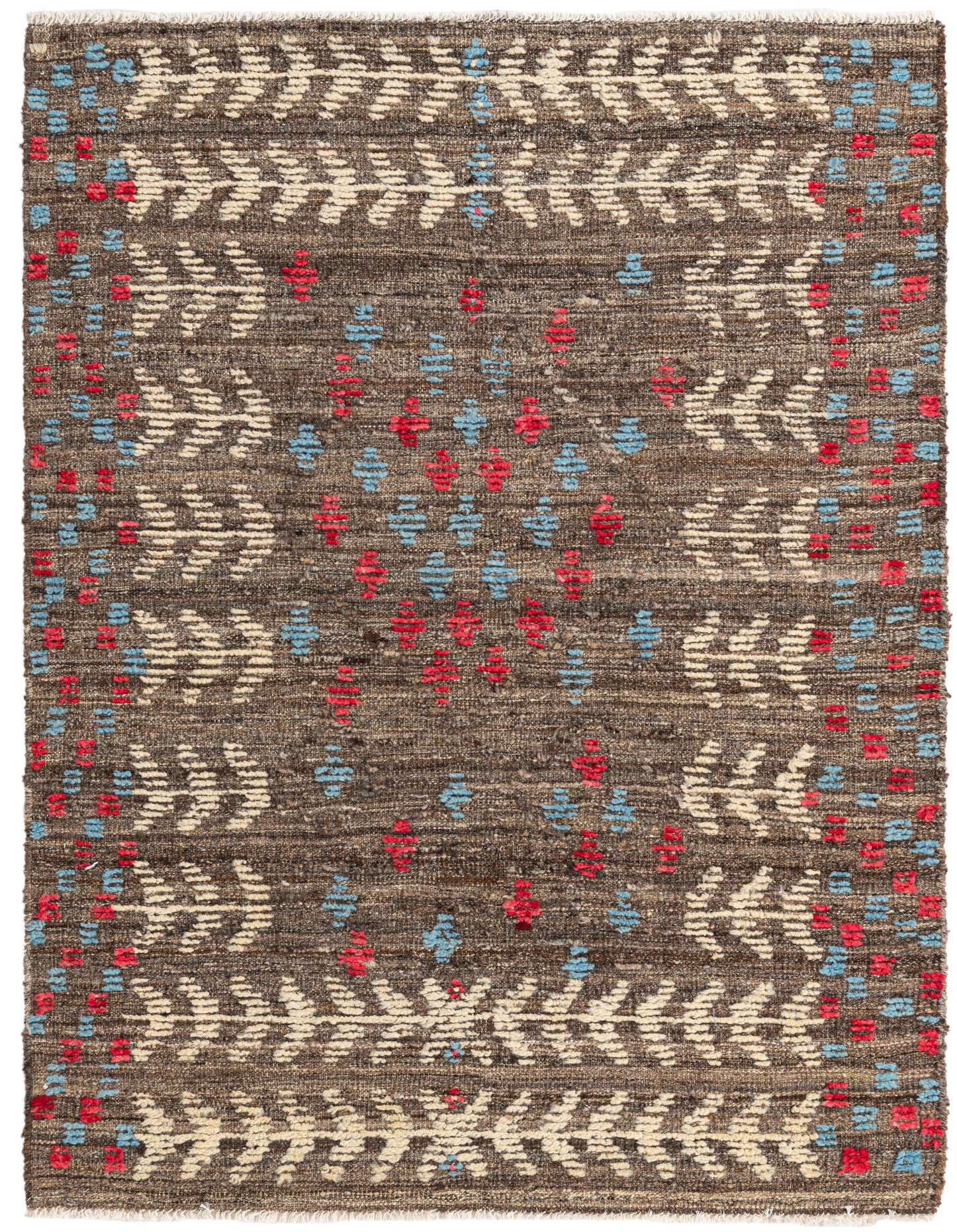 A 4x6 rectangular Darya rug with a brown background, featuring abstract patterns in cream, red, and light blue.