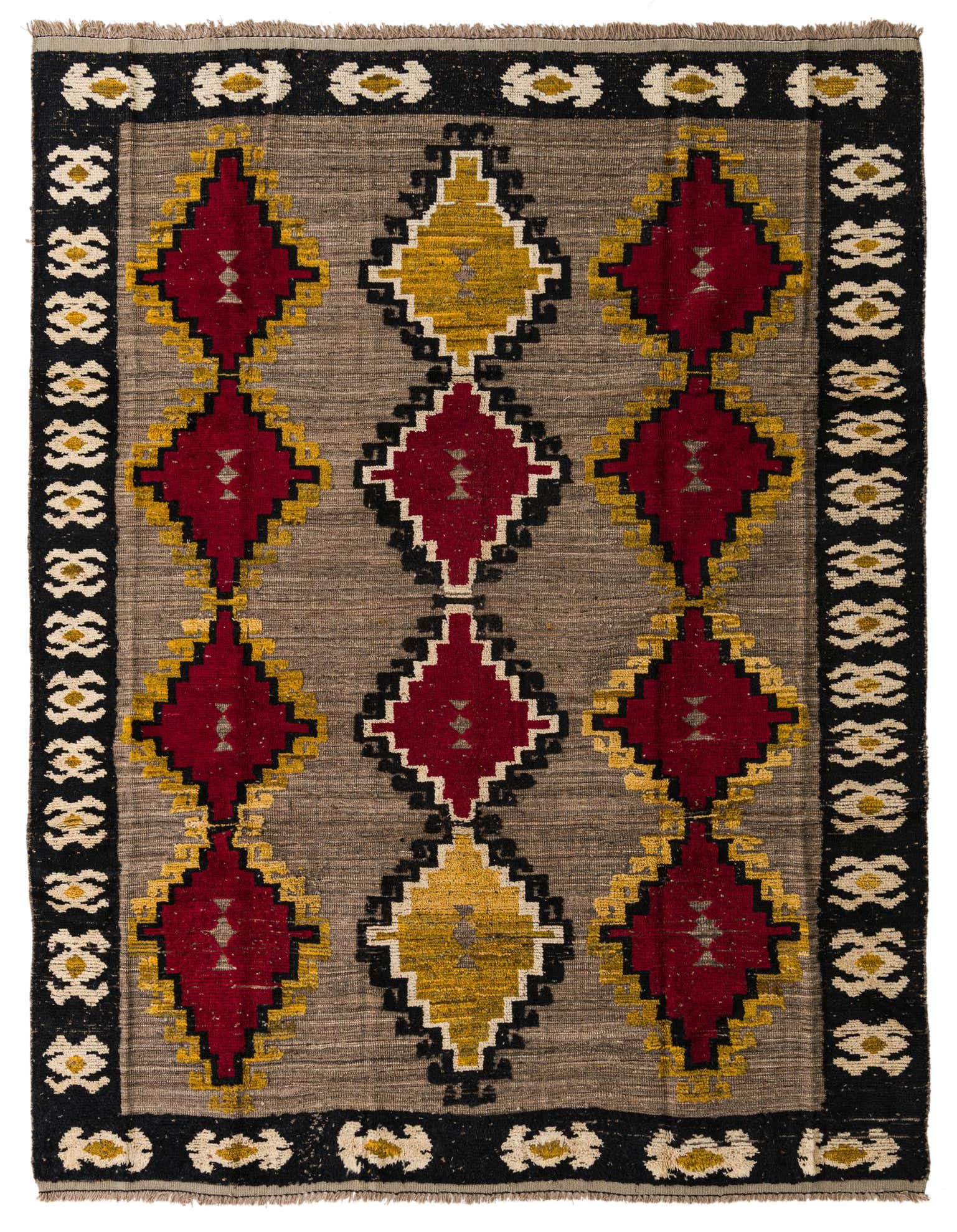 A rectangular 8x10 Darya rug with a modern geometric pattern in brown, tan, red, yellow, and black, made of wool.