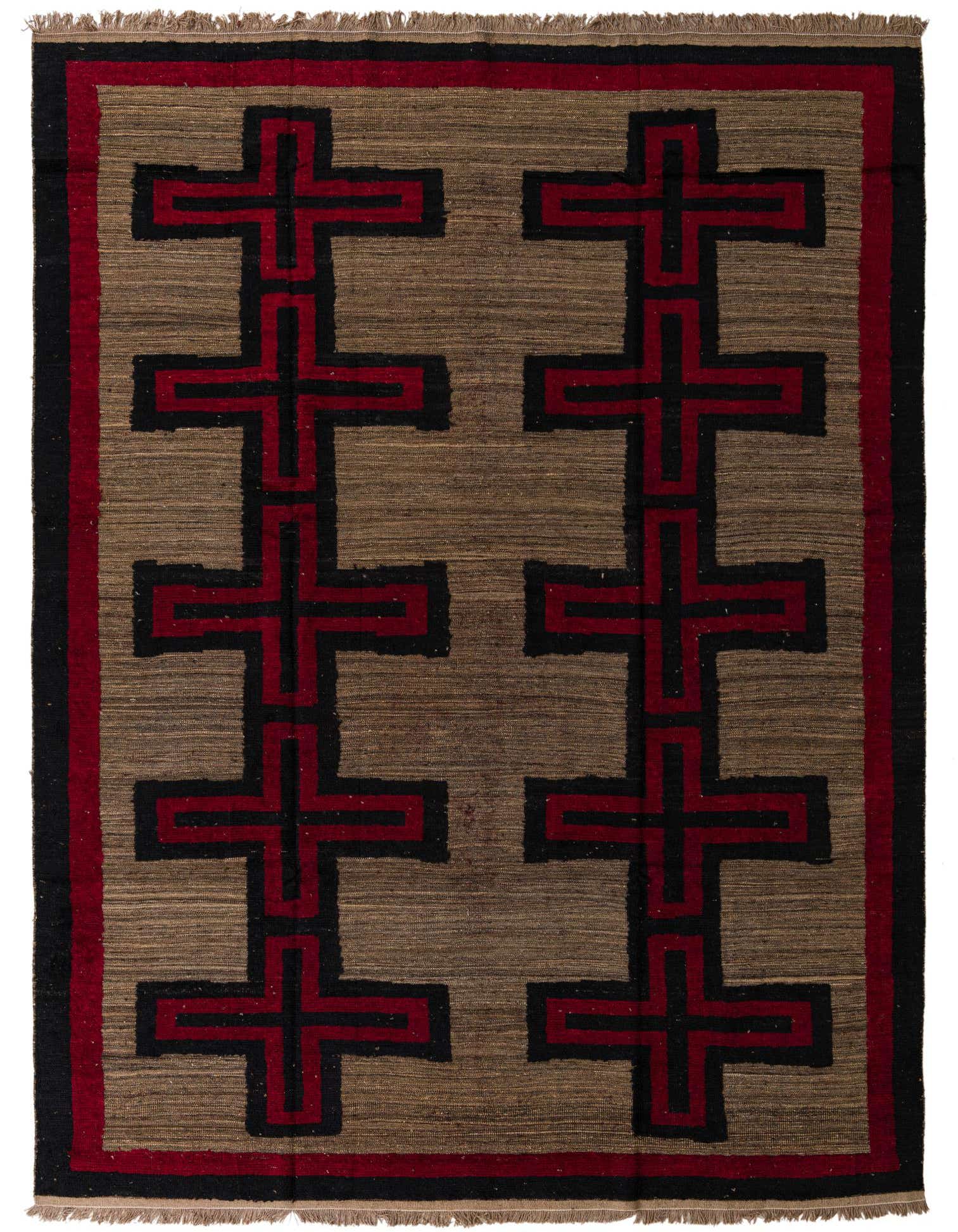 A 10x13 rectangular brown wool rug with a modern abstract pattern of black and red interlocking crosses, suitable for a living room.