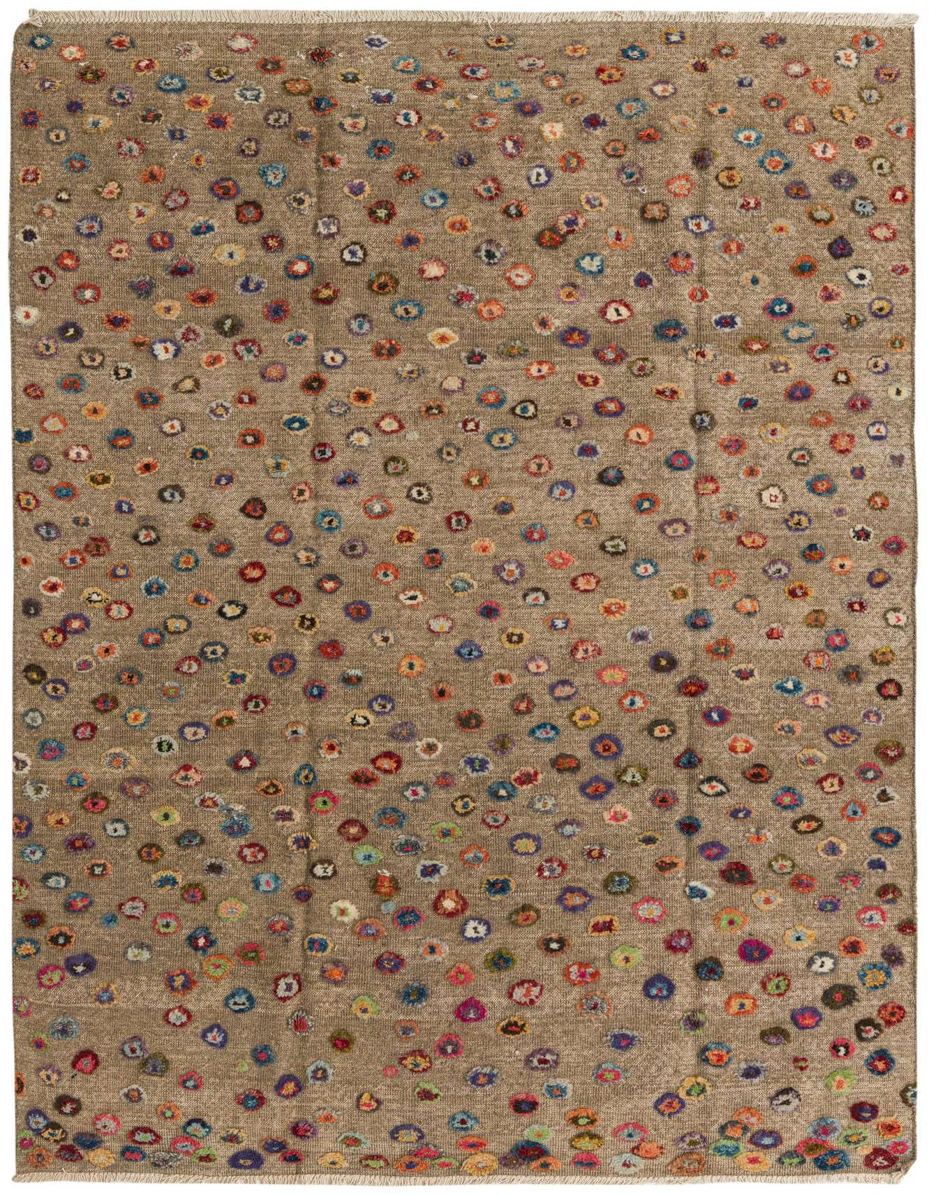 A 7x10 rectangular Darya rug with a brown background and scattered colorful abstract floral patterns, suitable for a living room.