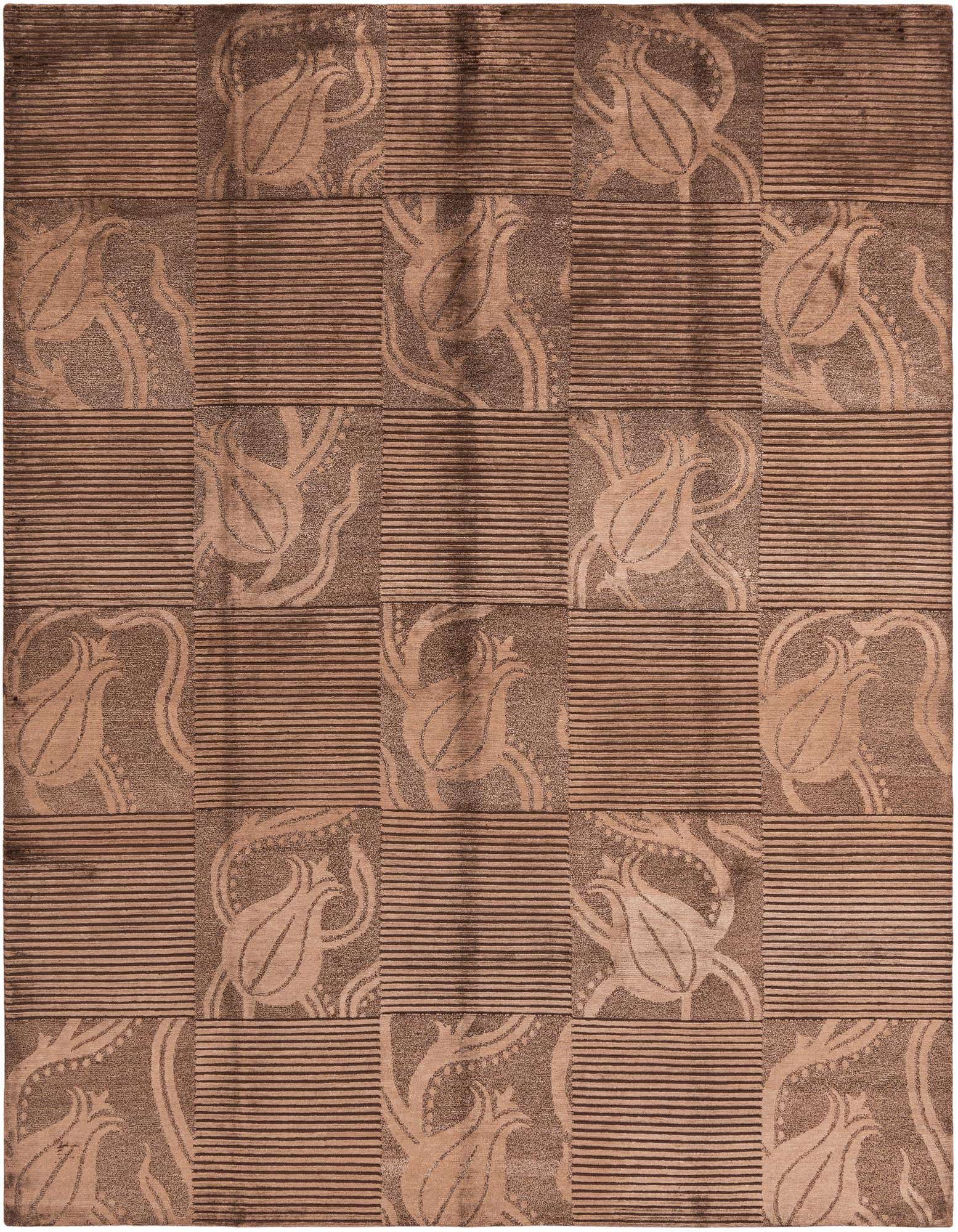 A rectangular 8x10 Darya rug in varying shades of brown and tan, featuring alternating blocks of horizontal stripes and stylized floral patterns.