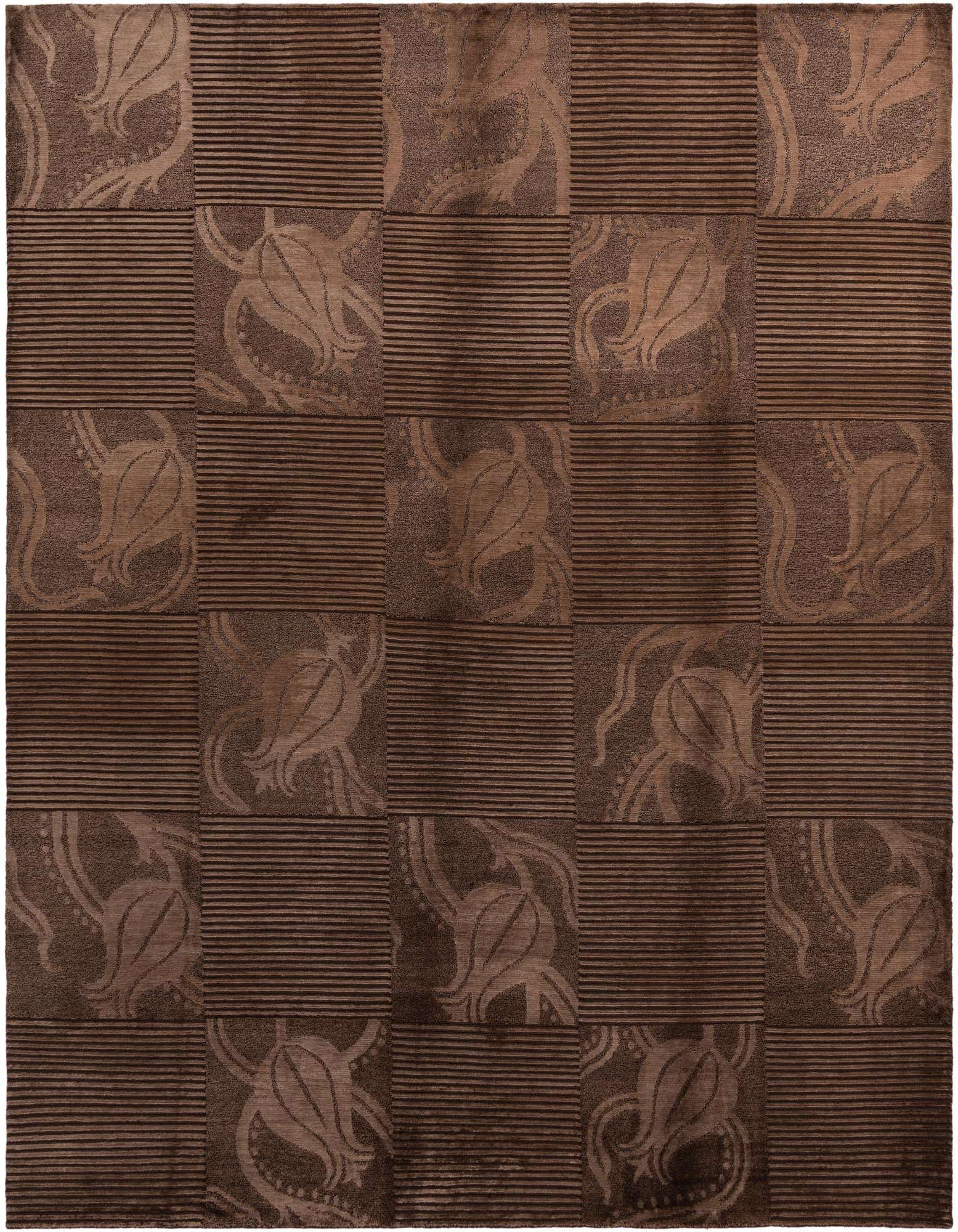 A rectangular 8x10 Darya rug with a modern oriental pattern in varying shades of brown and tan, featuring alternating striped and floral blocks.