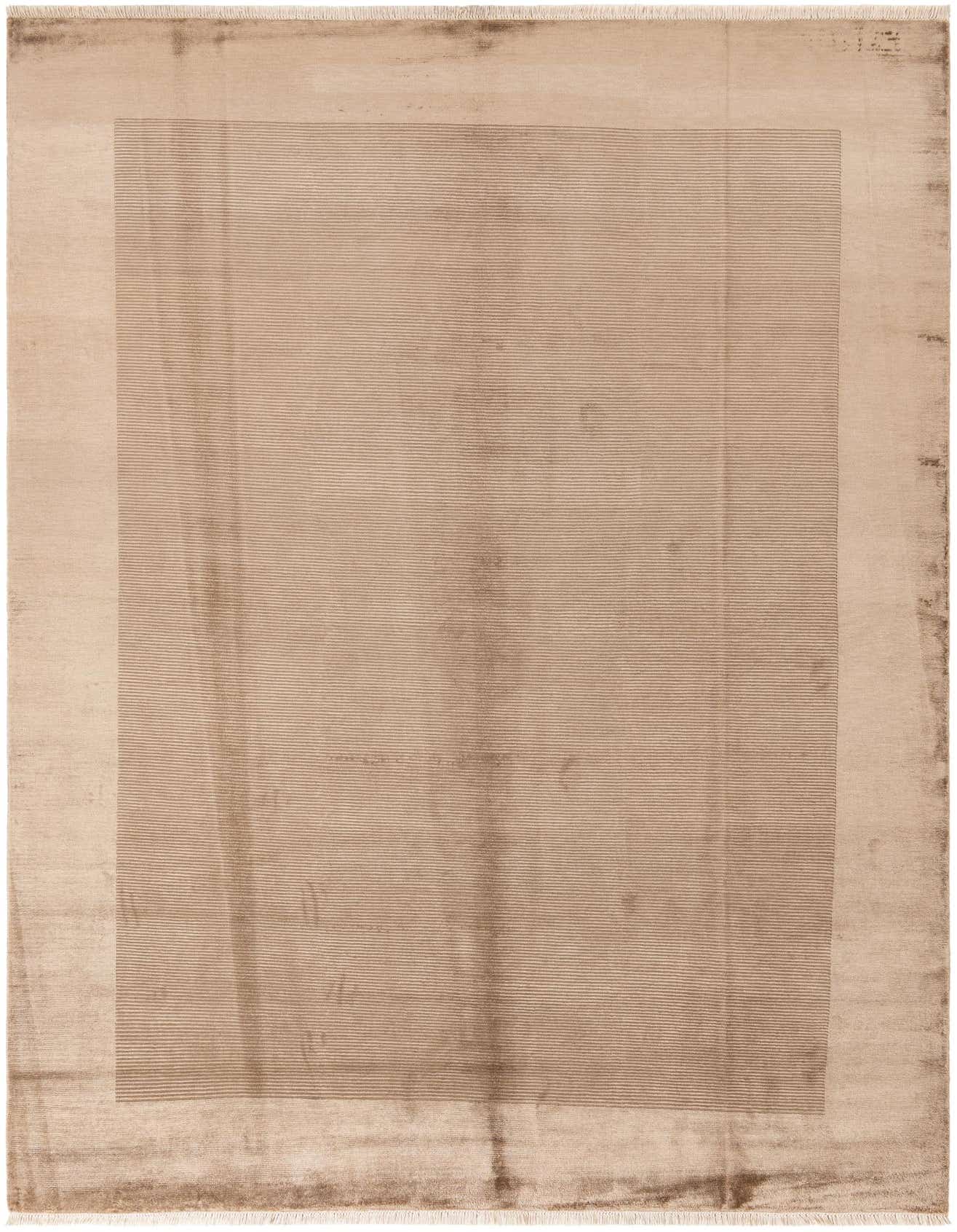 A large 8x12 rectangular brown wool area rug with a modern oriental pattern and high pile.