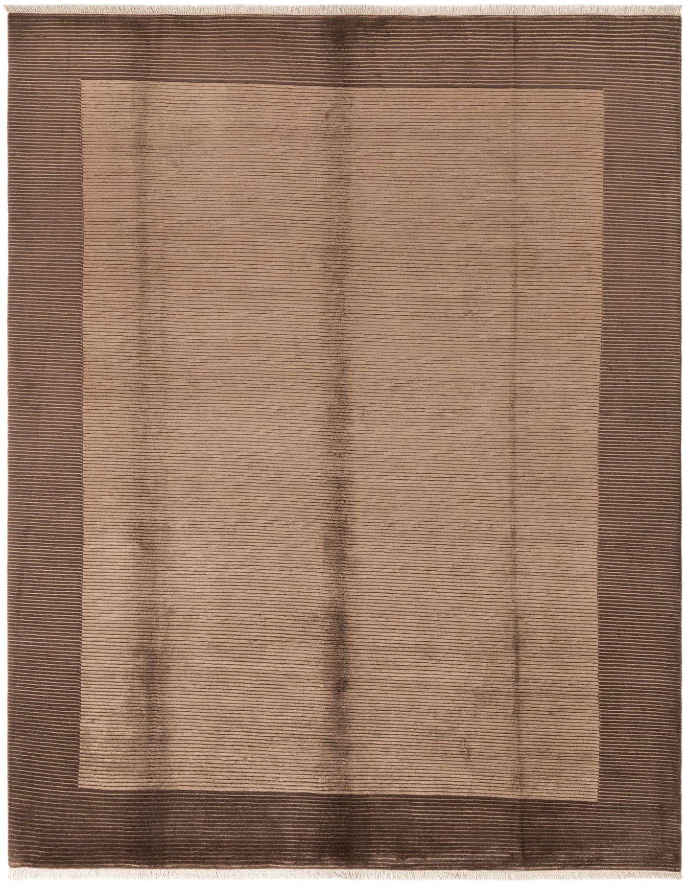 A rectangular 8x12 brown and tan modern wool rug with a subtle striped pattern and dark border.