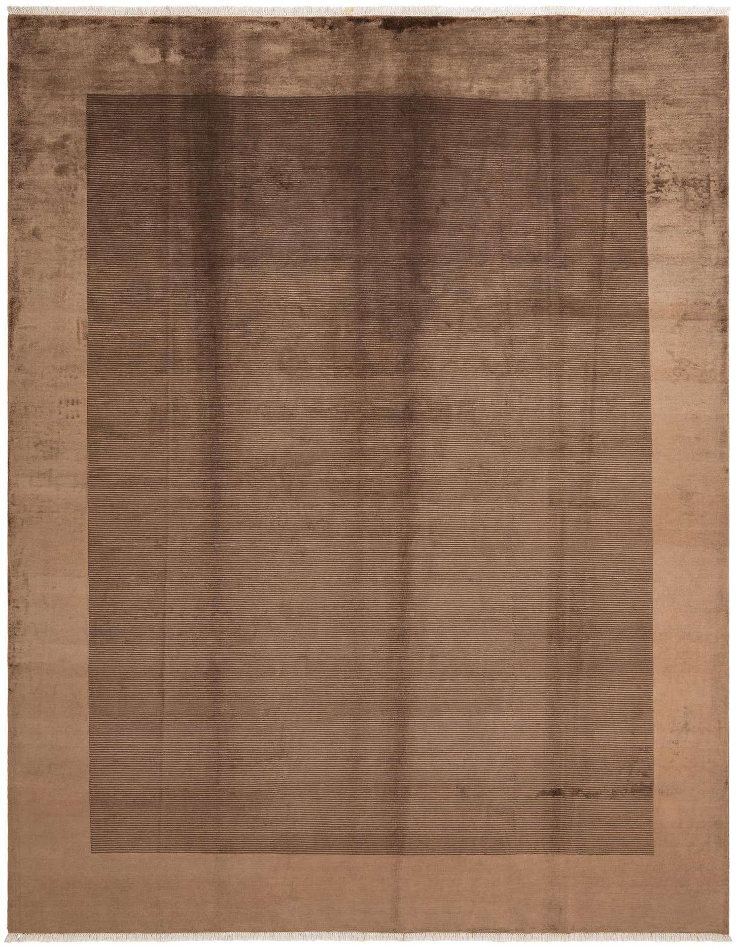 A large 10x13 rectangular Darya rug in varying shades of brown, featuring a modern striped pattern within a solid border.