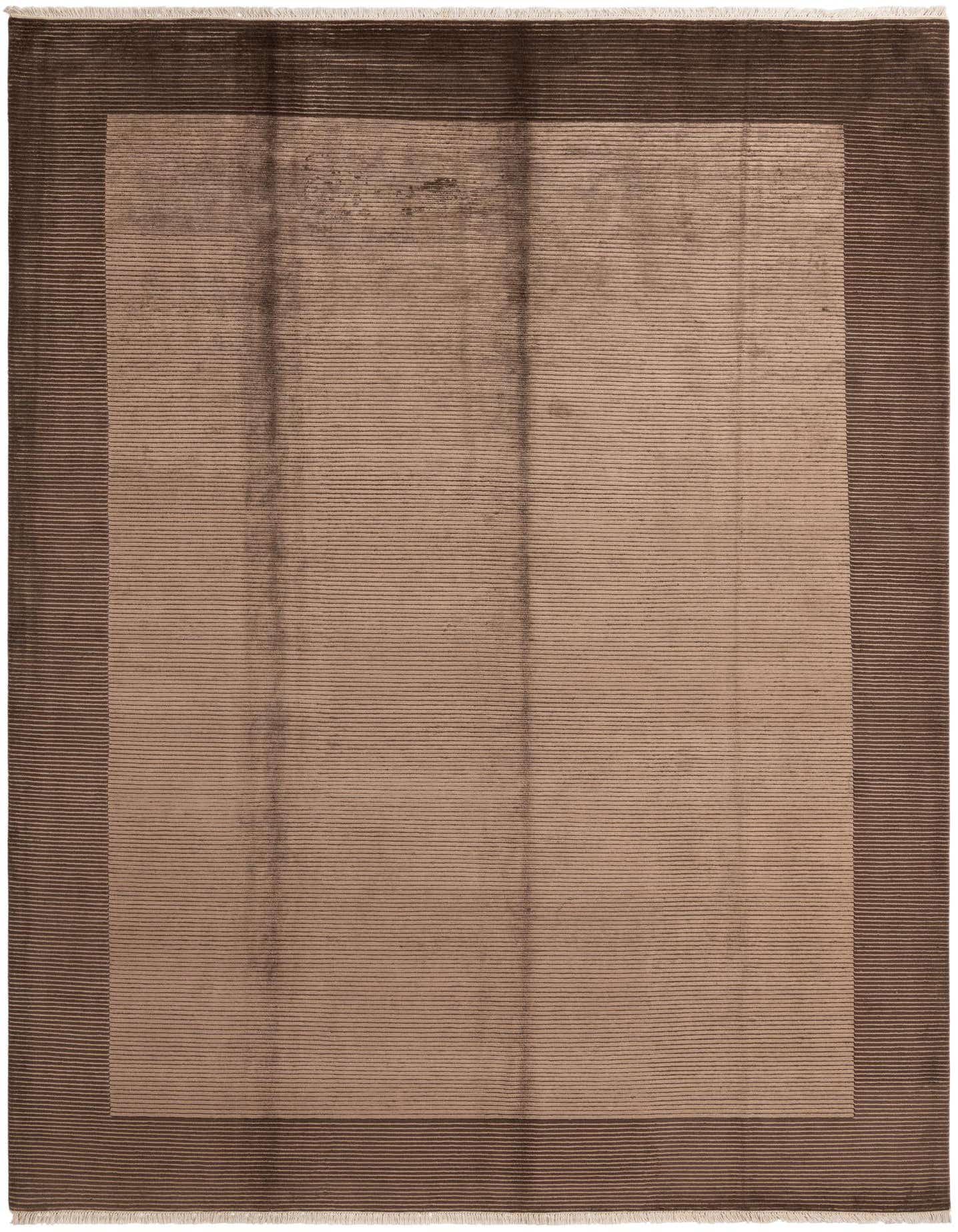 A 10x13 rectangular Darya rug in varying shades of brown and tan, featuring a modern striped pattern and a high pile.