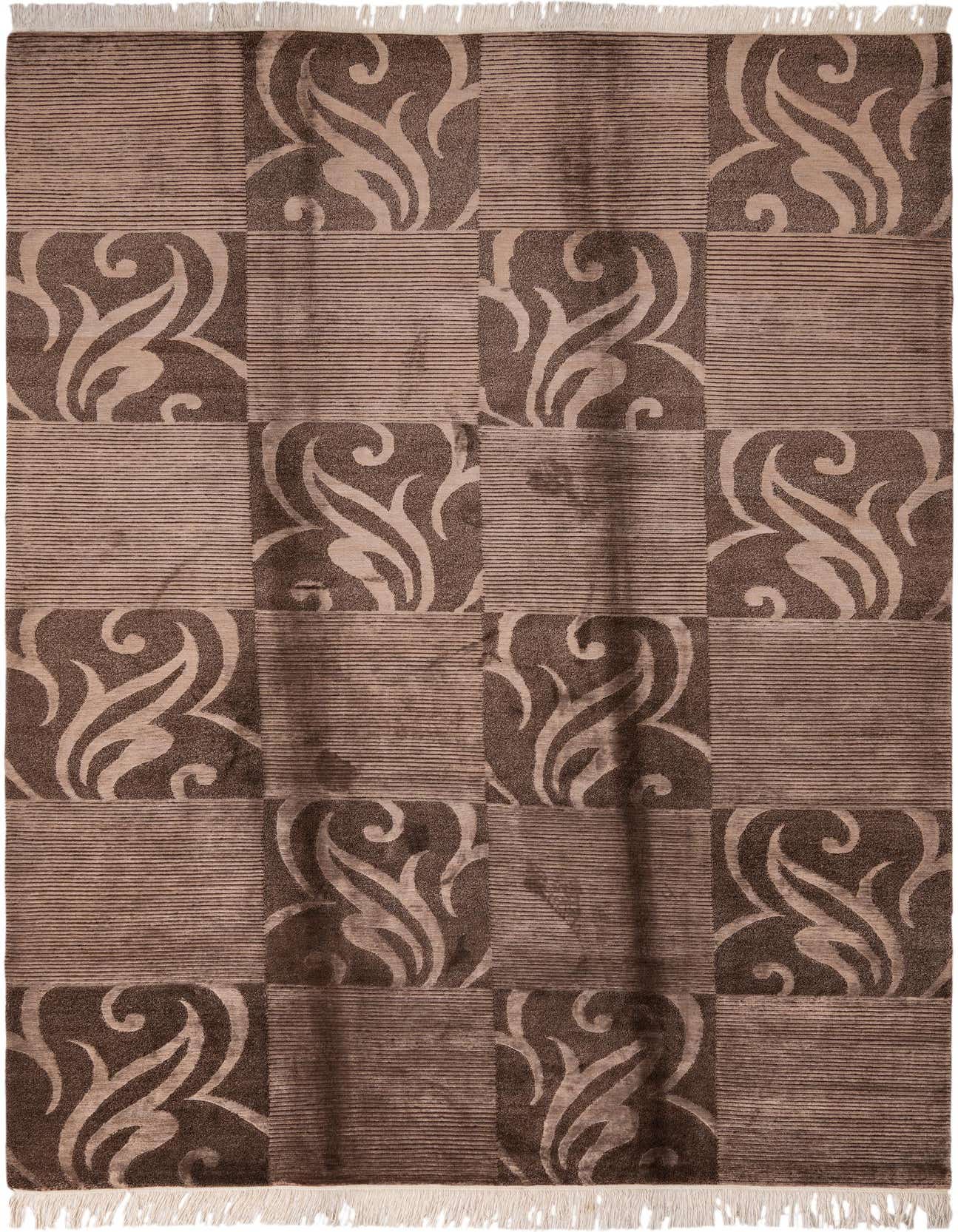 A 7x10 rectangular Darya rug in varying shades of brown and tan, featuring a modern oriental checkered pattern with floral motifs.
