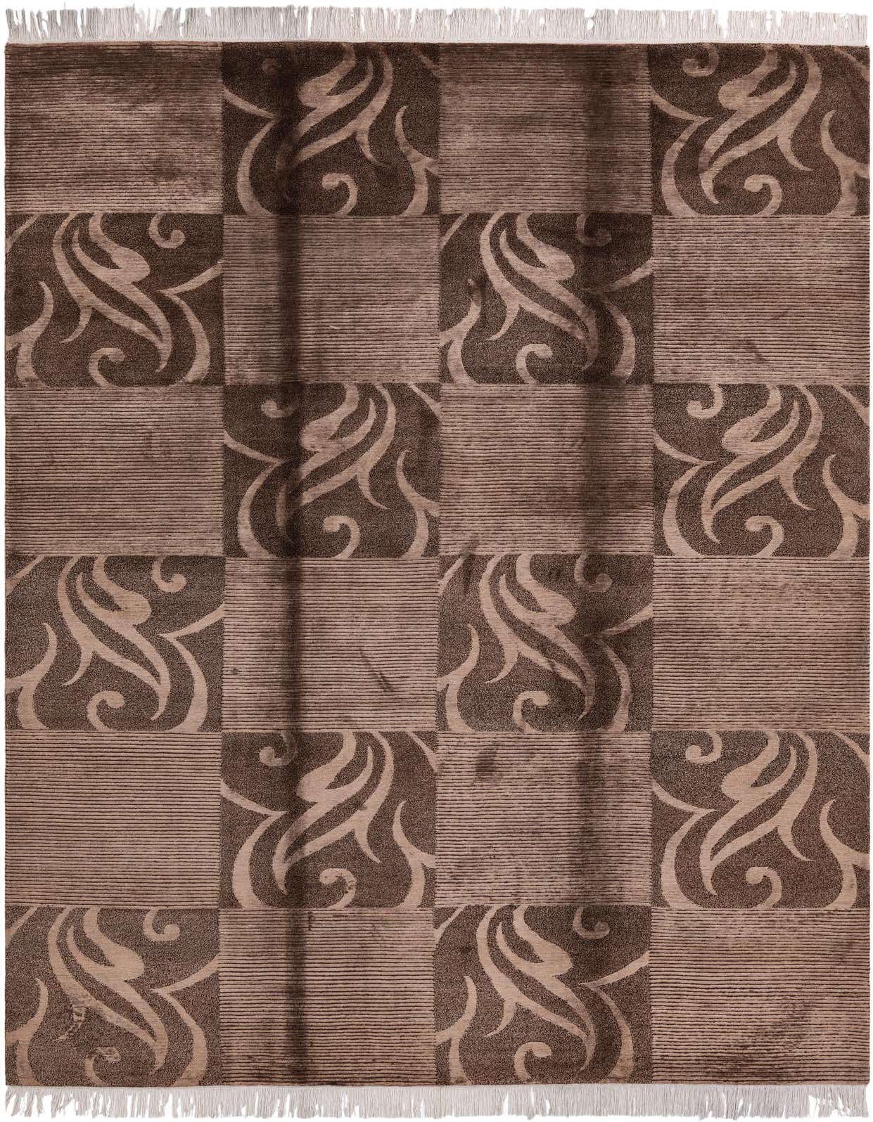 A 7x10 rectangular Darya rug with a modern oriental pattern in varying shades of brown and tan, featuring a checkerboard design with abstract swirls and horizontal lines.