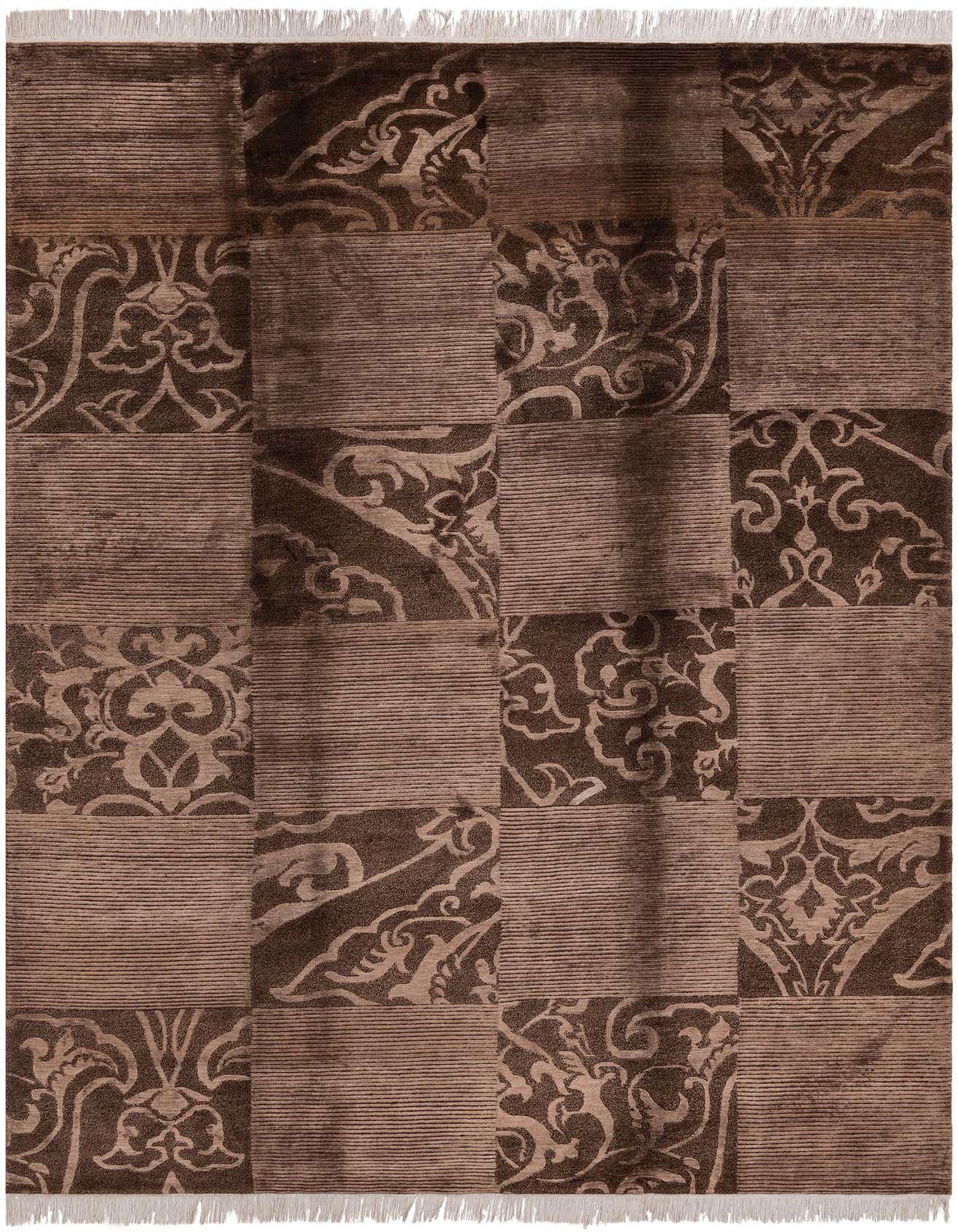 A 7x10 rectangular Darya rug in varying shades of brown and tan, featuring a modern oriental patchwork design with both striped and ornate patterned squares.