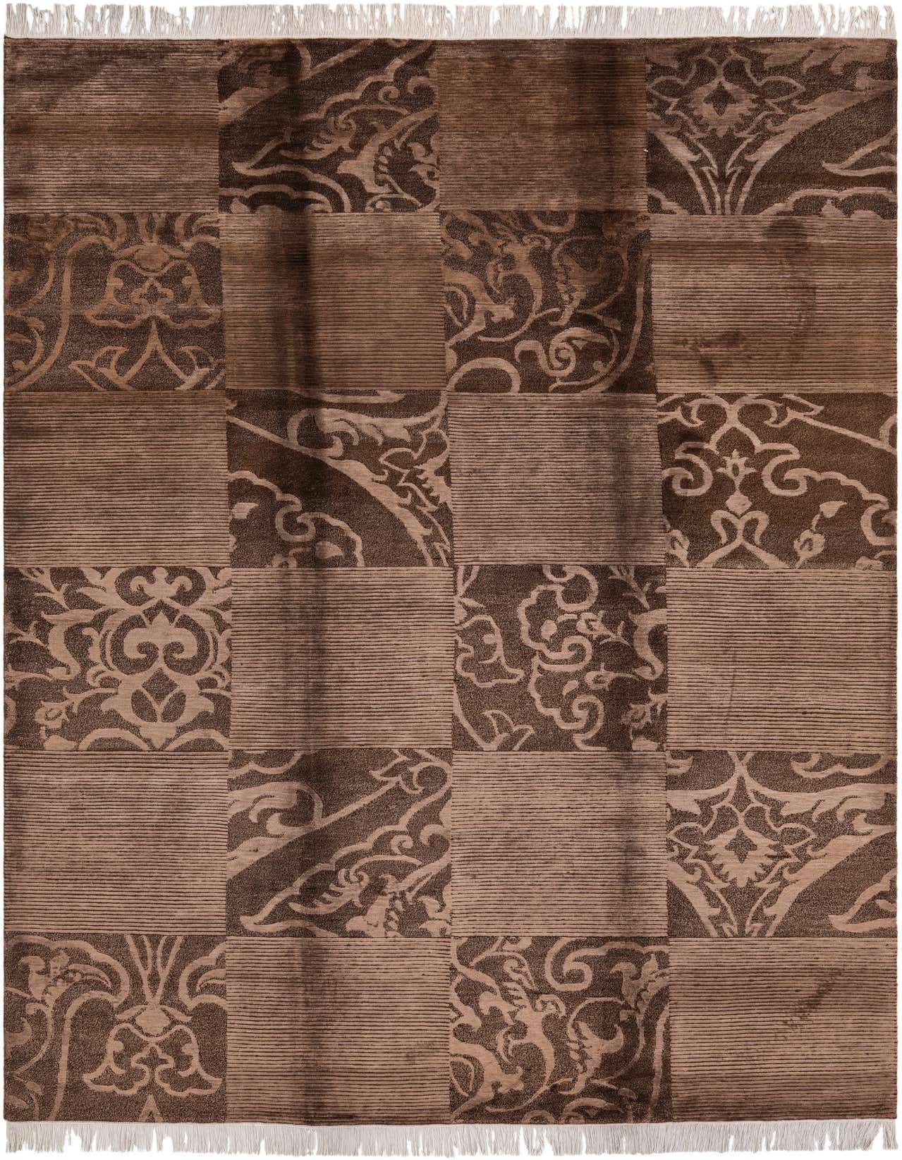 A 7x10 rectangular Darya rug with a modern oriental pattern in varying shades of brown and tan, featuring a high pile and handmade wool construction.