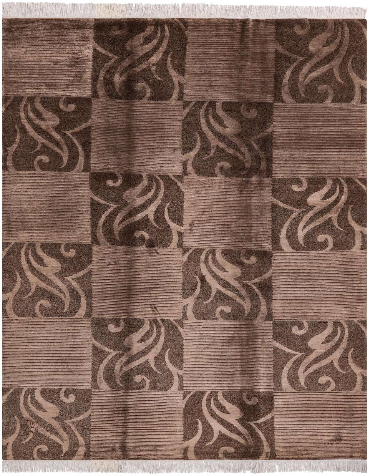 A 7x10 rectangular Darya rug with a modern oriental pattern in varying shades of brown and tan, featuring a high pile and fringe.