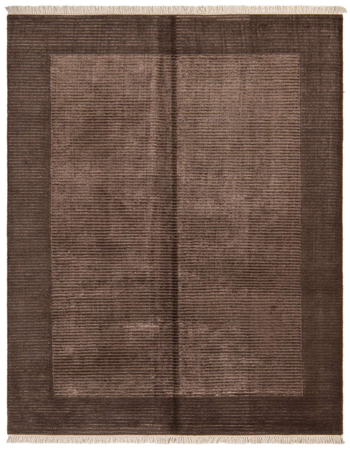 A 4x6 rectangular brown wool rug with a subtle striped pattern and a darker brown border, featuring short white fringe.