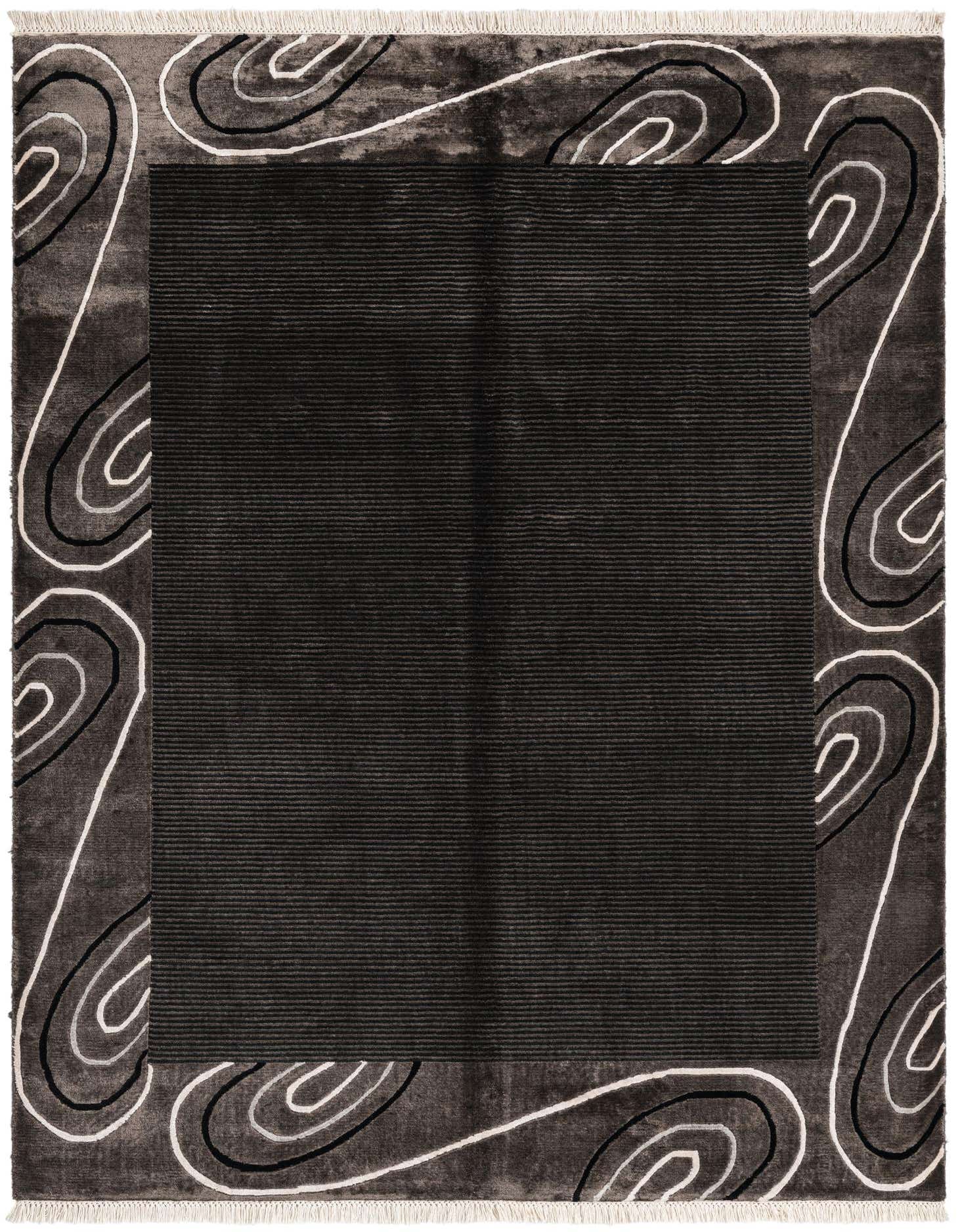 A 4x6 rectangular brown wool rug with a modern oriental pattern. The center is solid brown with horizontal lines, framed by a border of swirling white, black, and gray lines on a darker brown.