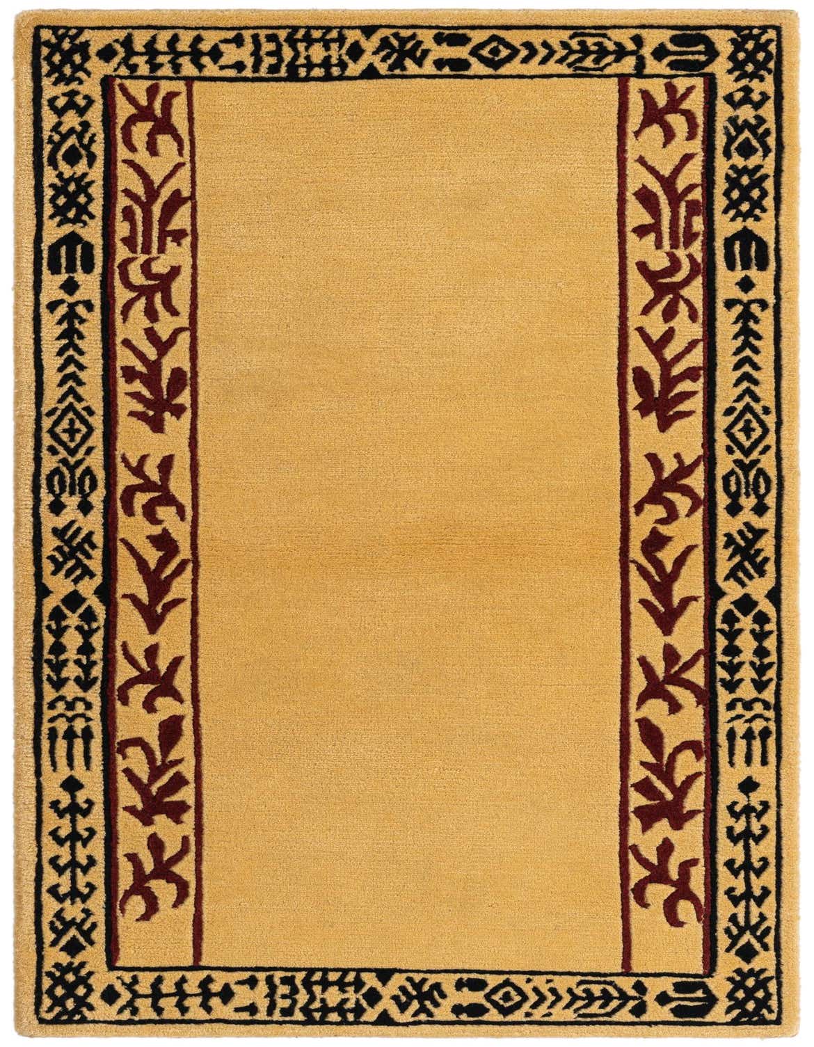 A 3x4 rectangular Darya rug in warm brown and tan, featuring a modern oriental border pattern with black and deep red accents.