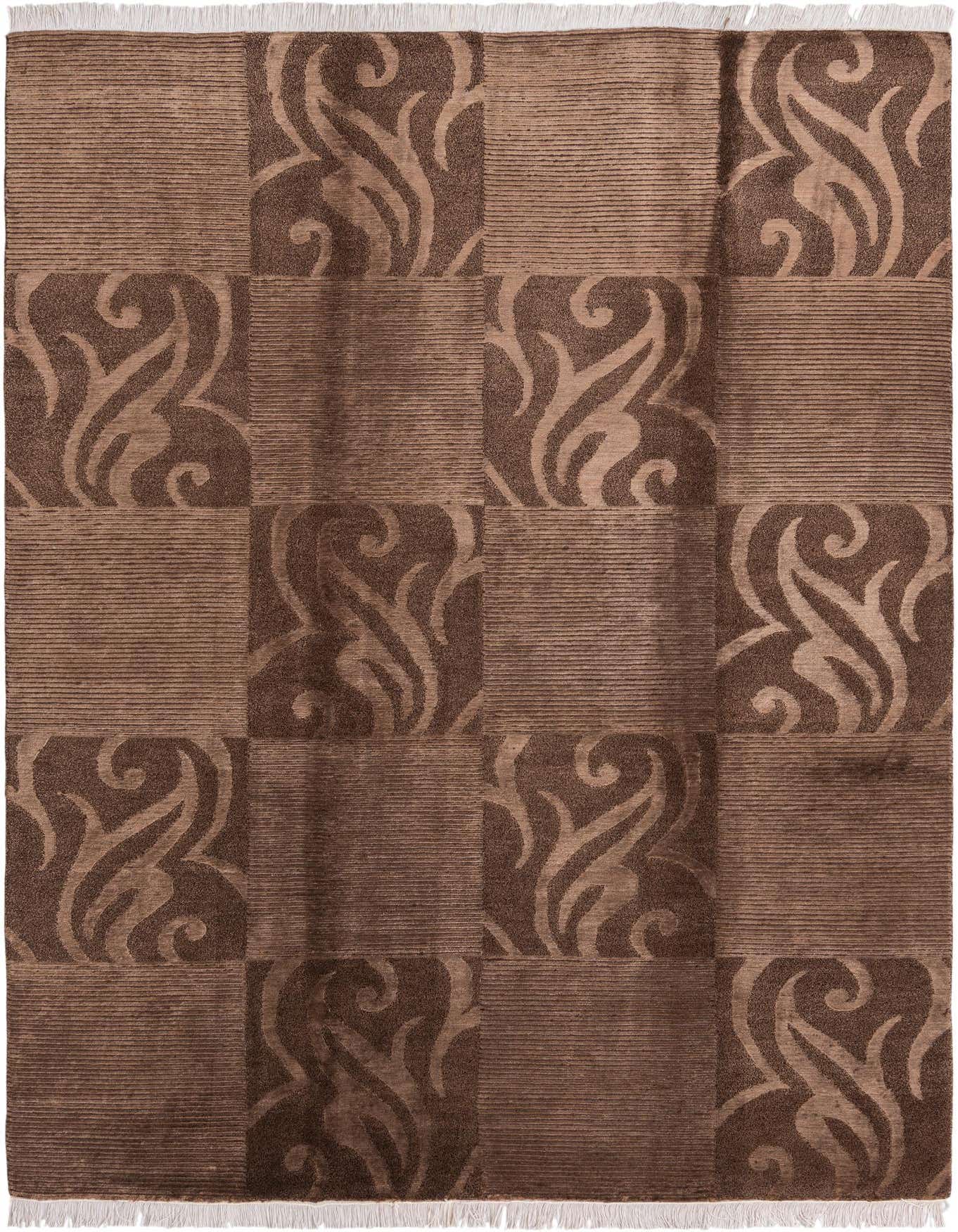 A 5x8 rectangular brown area rug with a modern Persian checkerboard pattern, featuring alternating striped and swirling tan designs.