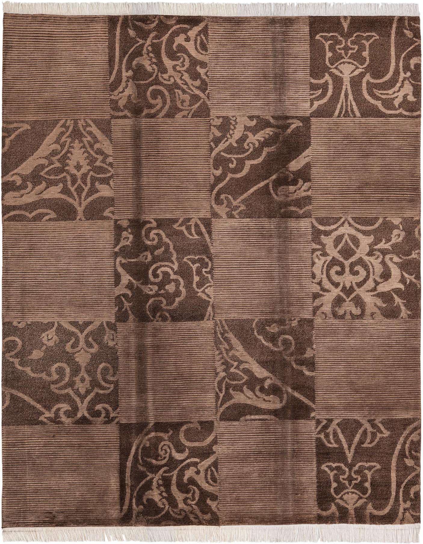 A 5x8 rectangular Darya rug with a modern Persian patchwork design in varying shades of brown and tan, featuring both striped and ornate floral patterns.