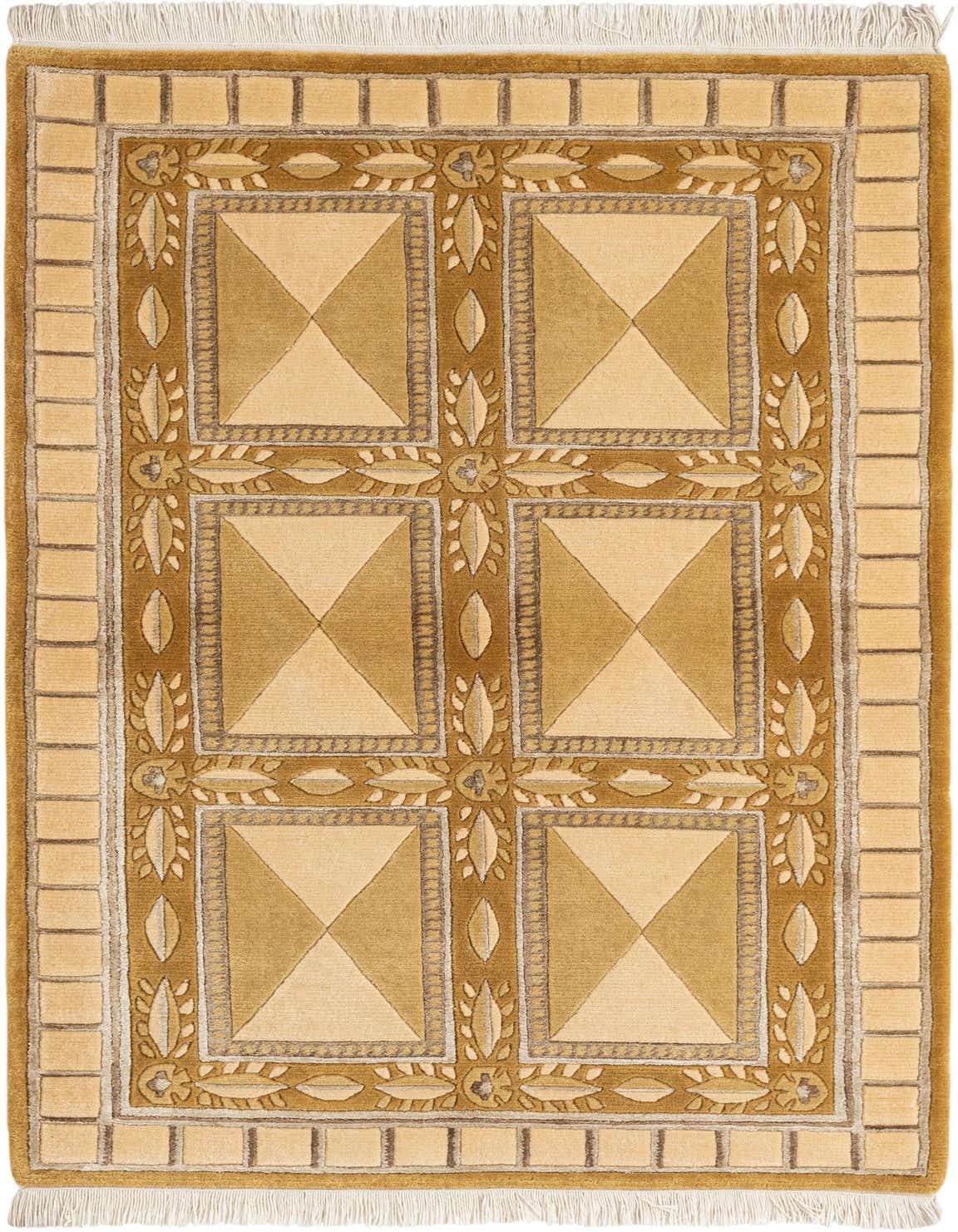 A 3x5 rectangular Darya rug with a modern Oriental pattern in varying shades of brown and tan, featuring geometric squares and leaf motifs, with fringe.