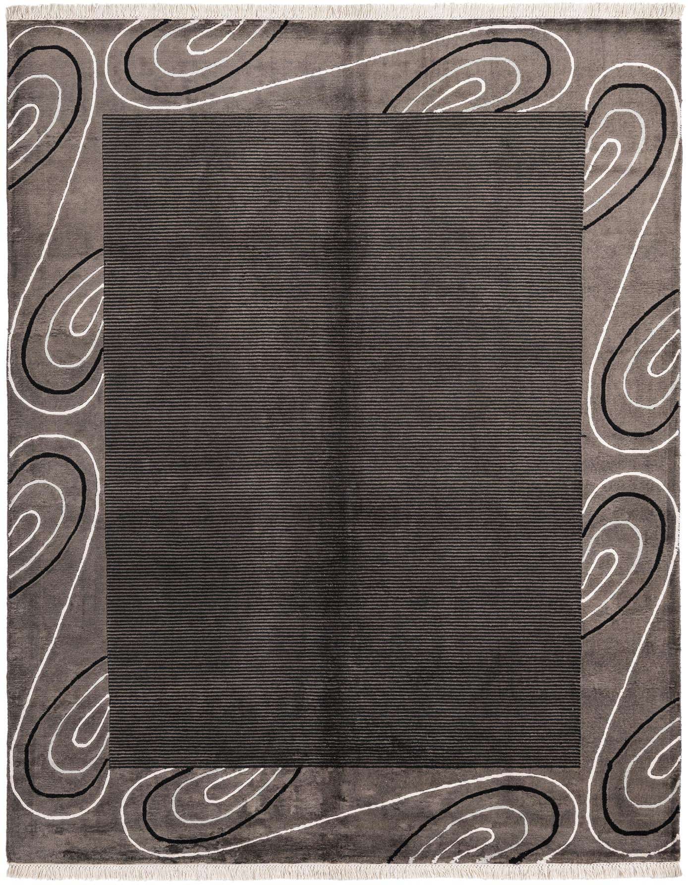 A 5x8 rectangular brown wool rug with a modern oriental design, featuring a solid striped center and a border of swirling black and white lines.