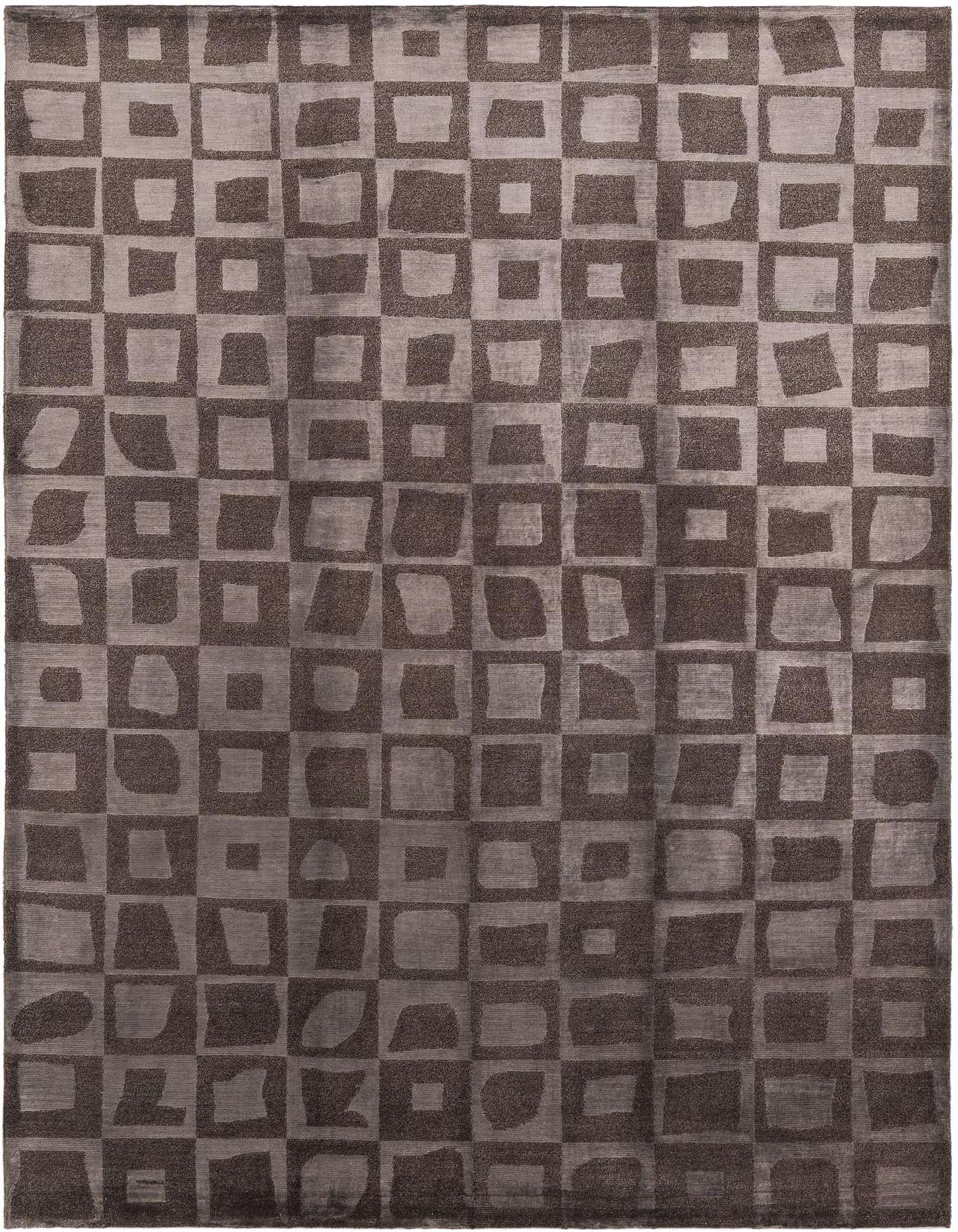 A 5x8 rectangular Darya Collection rug featuring a modern geometric pattern of varying brown and tan squares.