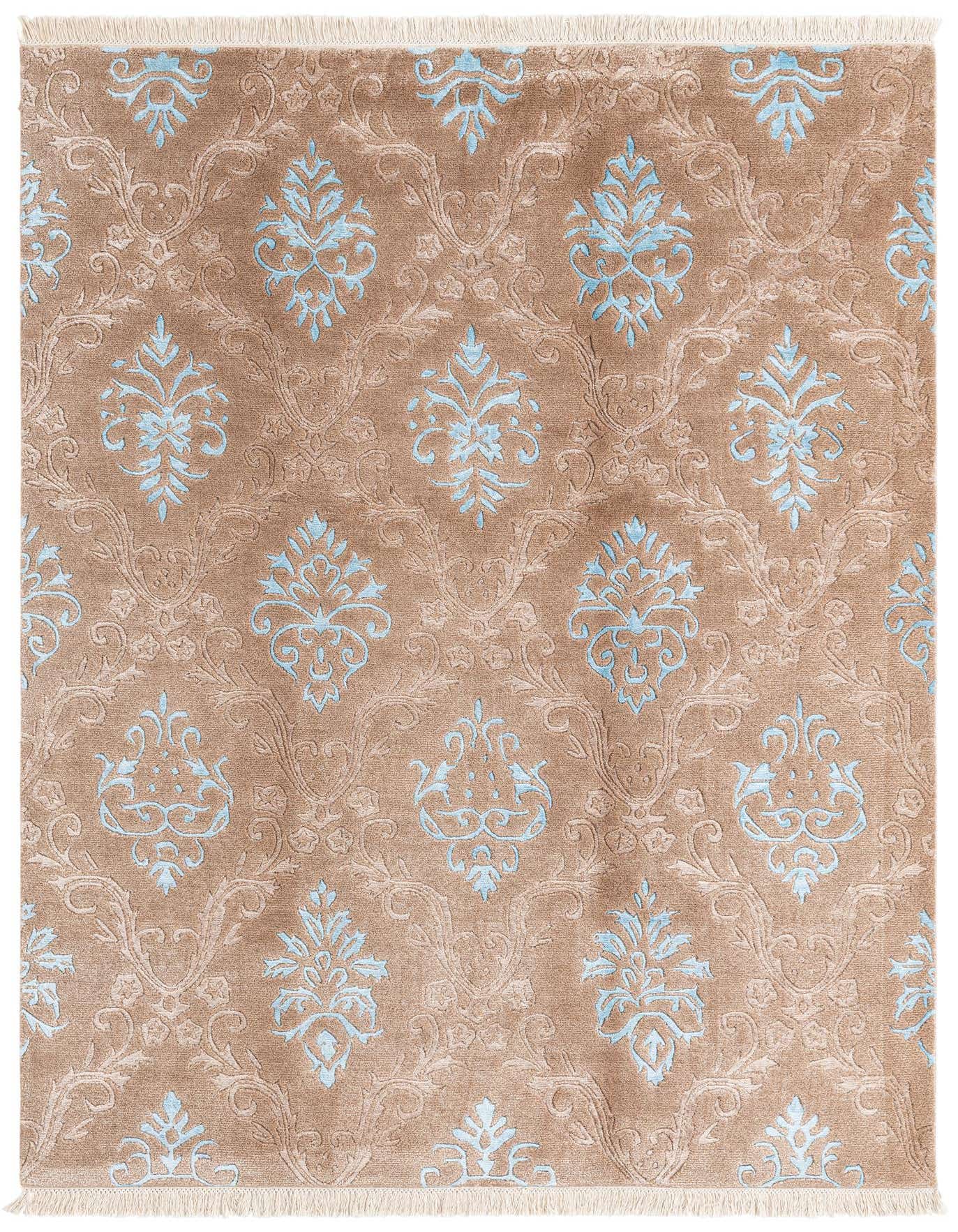 A 5x8 rectangular Darya rug in brown and tan with light blue modern oriental patterns and fringe.