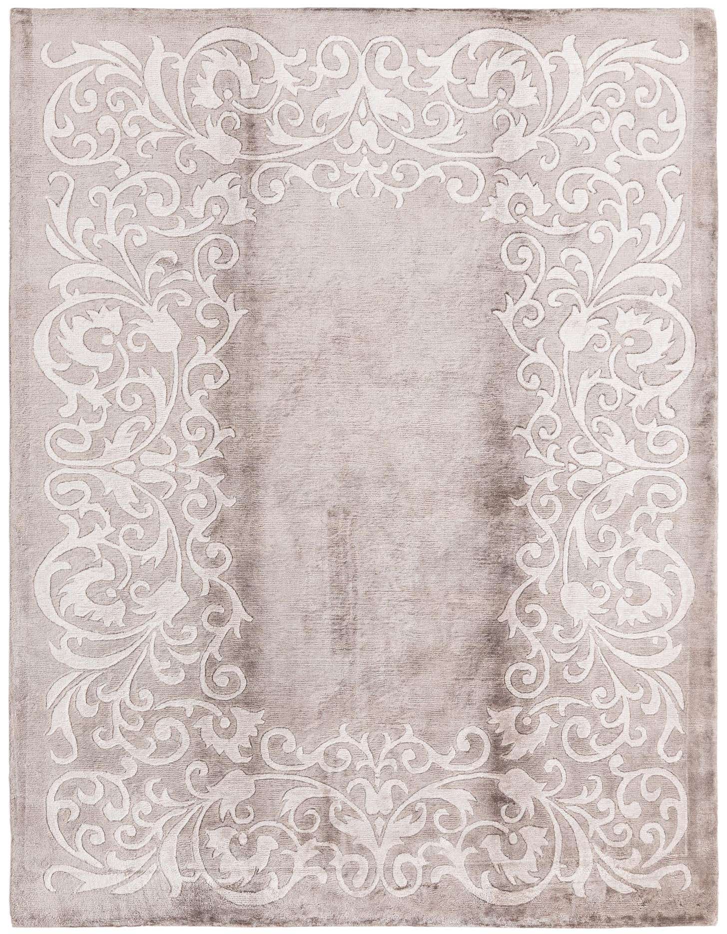 A 5x8 rectangular Darya rug in shades of brown and tan, featuring an elegant modern scrollwork border.