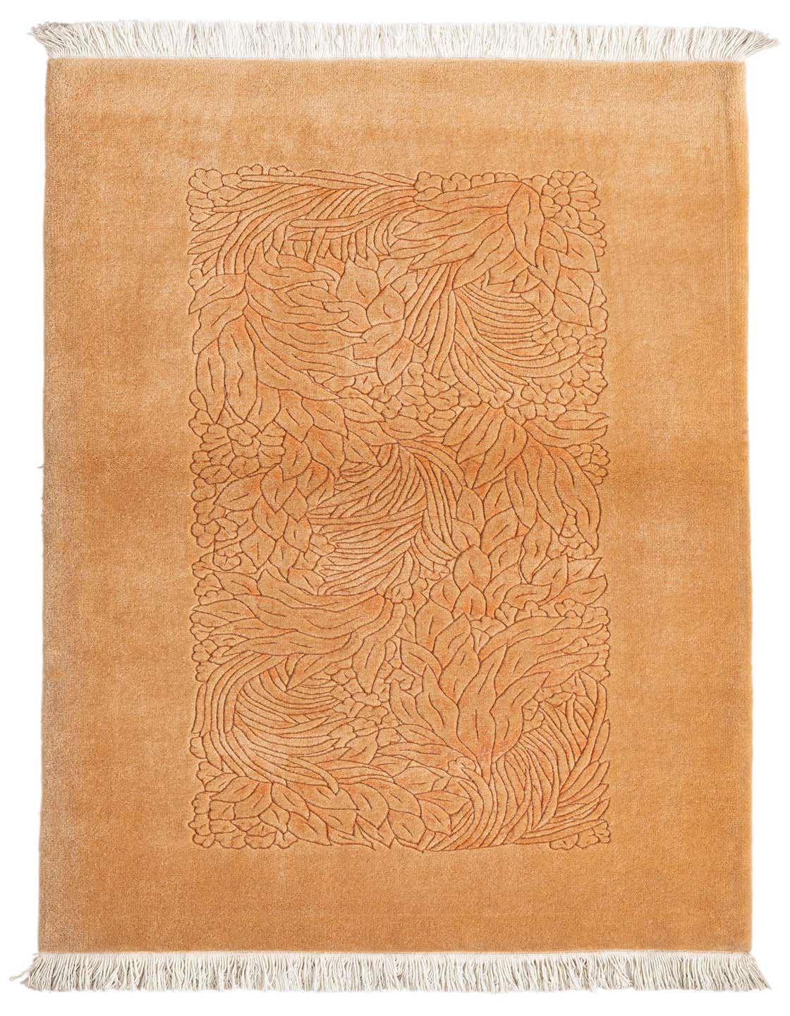 A 3x5 rectangular Darya rug in warm brown with a raised, intricate floral and leaf pattern, featuring white fringe.