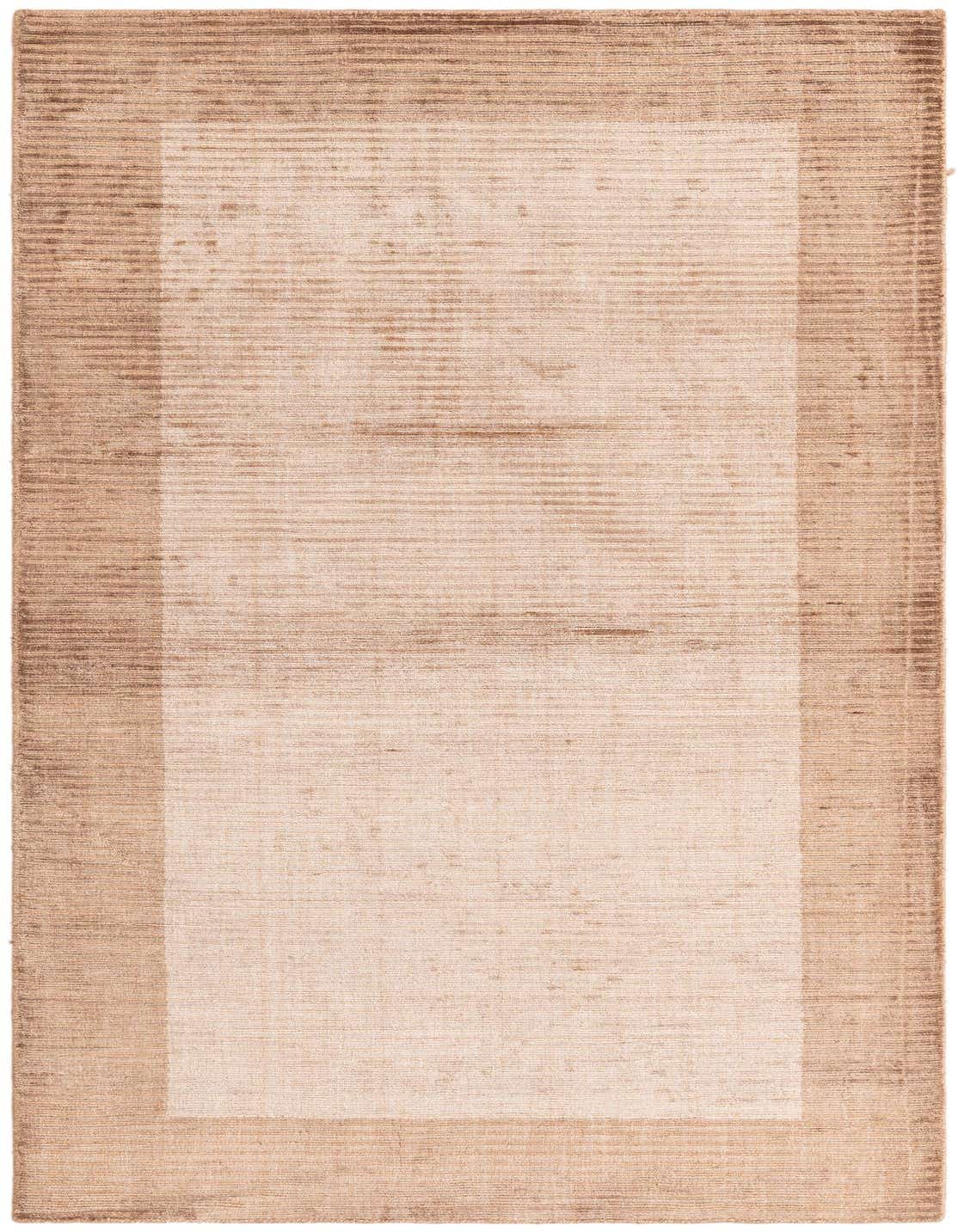 A 3x5 rectangular modern wool rug in varying shades of brown and tan, featuring a subtle striped border.