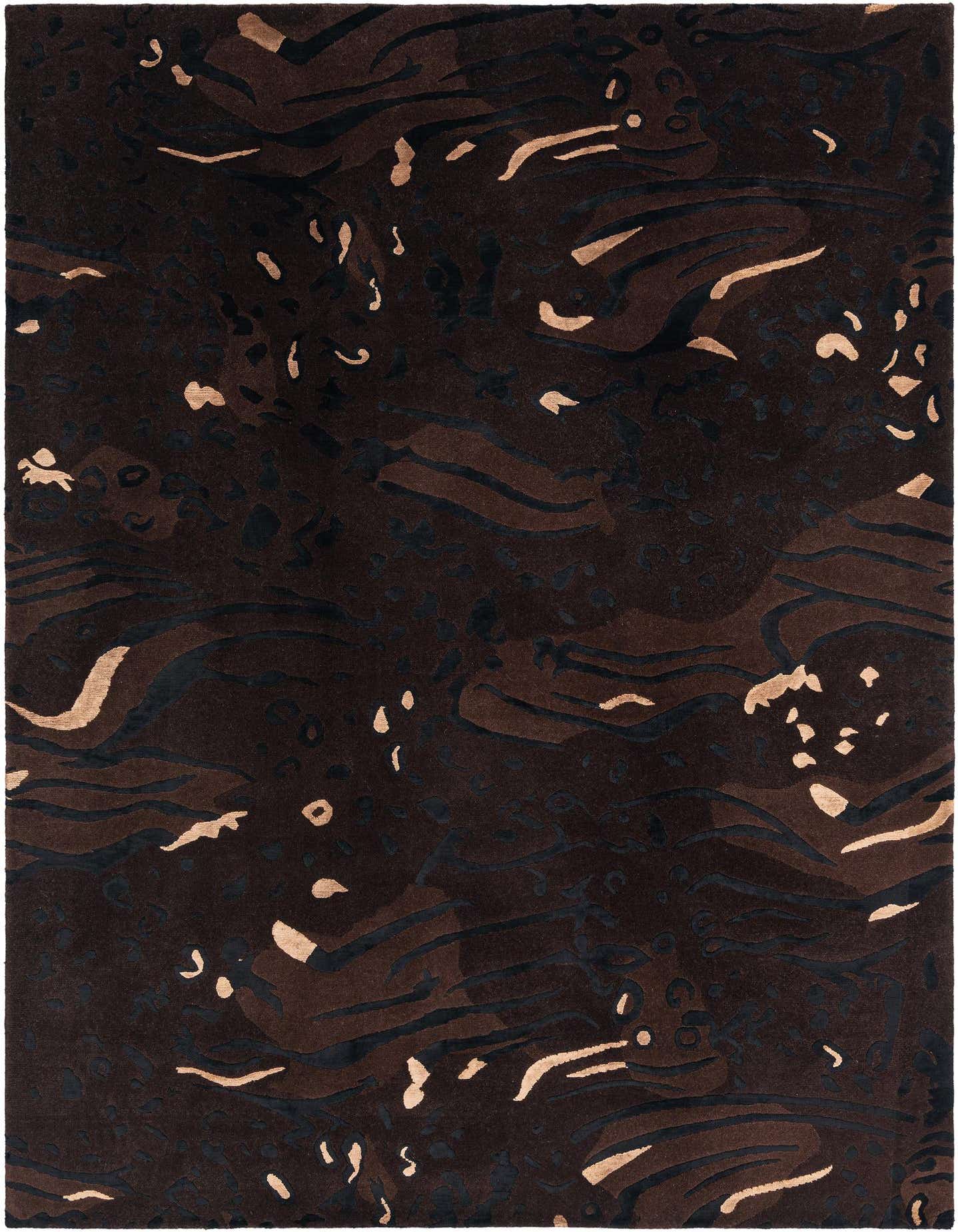 A 5x8 rectangular Darya rug with a modern Persian pattern in varying shades of brown, tan, and black.