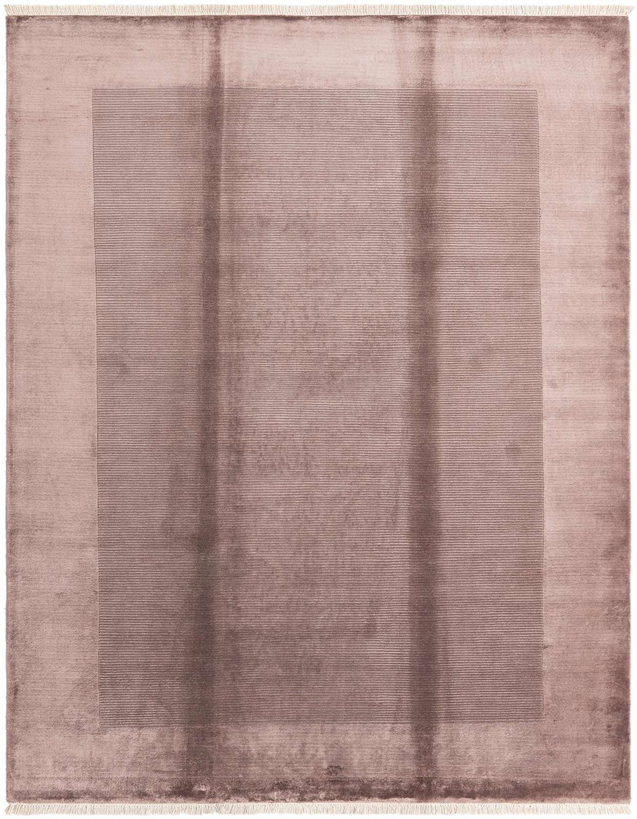 A 7x10 rectangular brown modern wool rug with a subtle striped border and fringe, suitable for a living room.