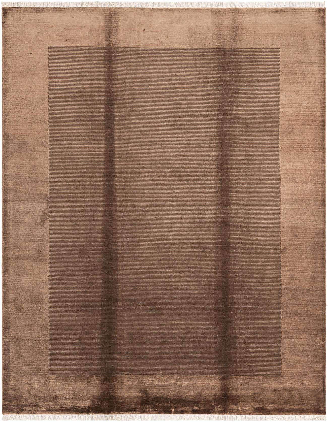 A 7x10 rectangular Darya Collection wool rug in varying shades of brown, featuring a modern striped pattern with a solid border.