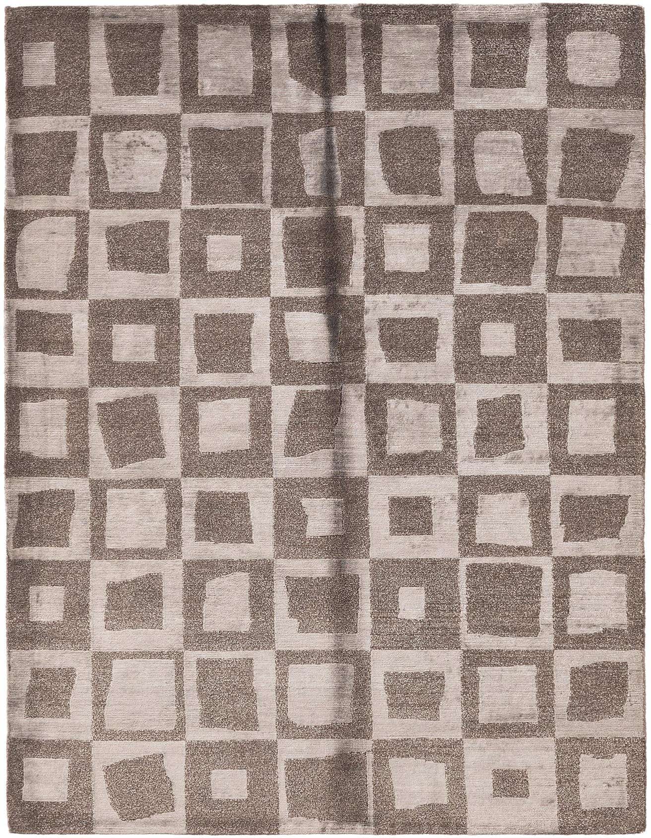 A 4x6 rectangular Darya rug in shades of brown and tan, featuring a modern Persian-inspired checkerboard pattern with textured squares.