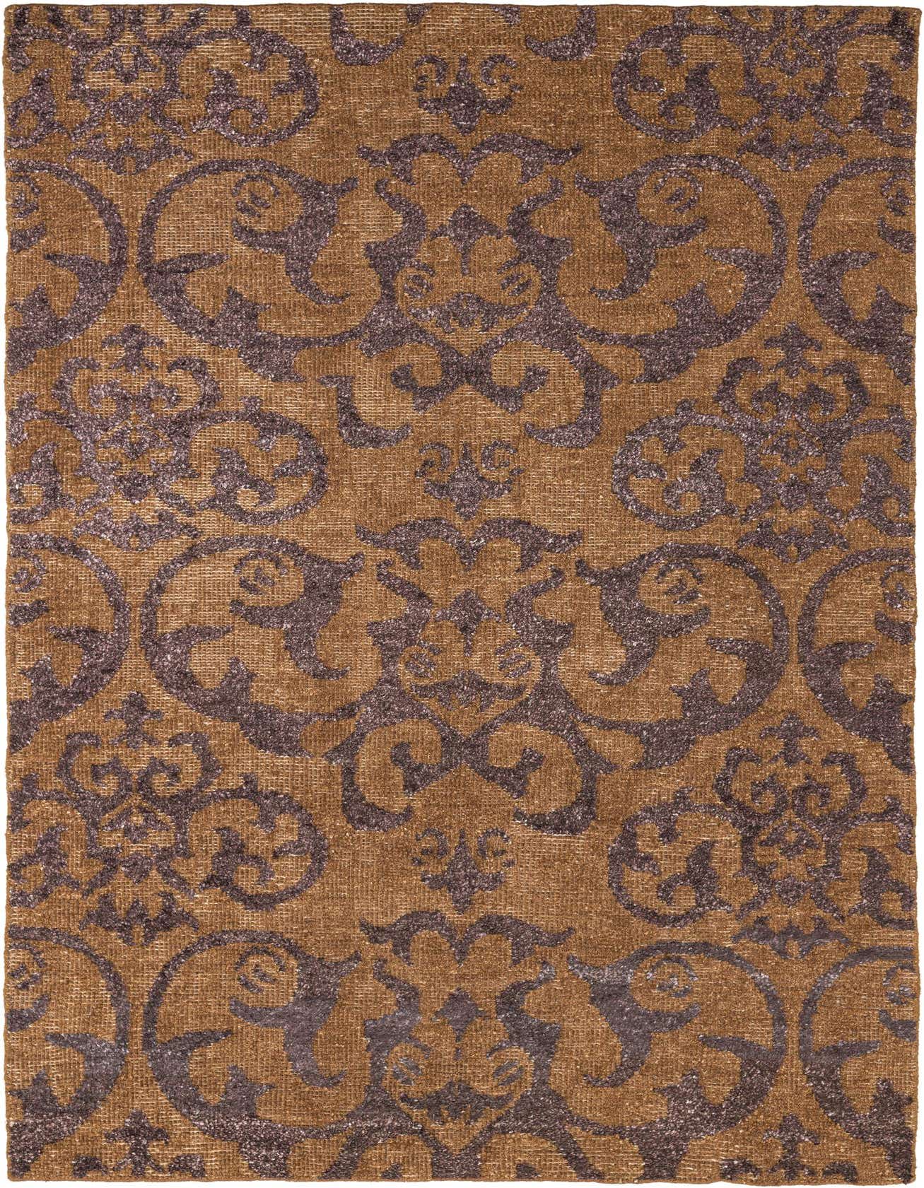 A rectangular 5x8 Darya rug in rich brown and tan, featuring a high-pile modern scroll pattern, suitable for a living room.