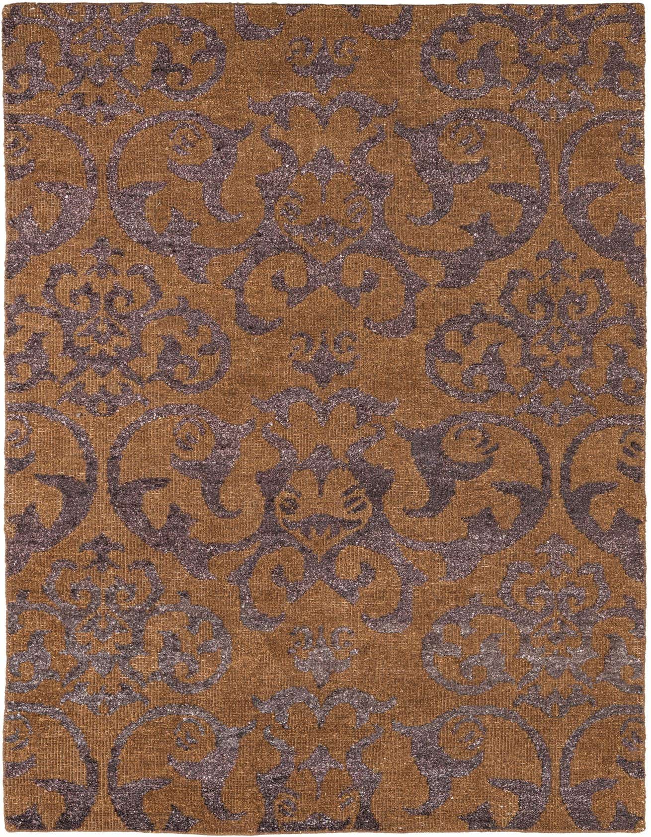 A 5x8 rectangular brown and tan modern area rug with a high pile and an abstract pattern, suitable for a living room.