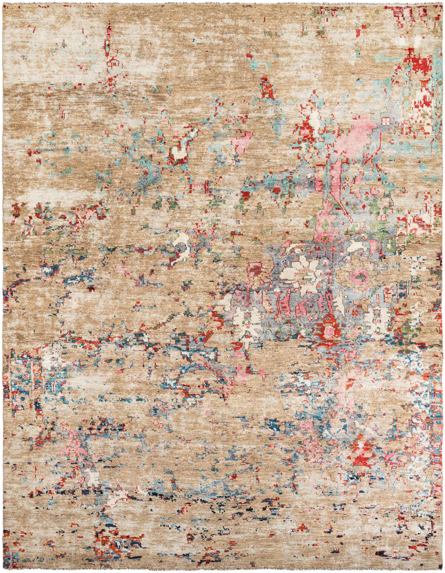 A 10x14 rectangular Darya rug with a modern abstract pattern in browns, tans, and pops of blue, red, and pink.