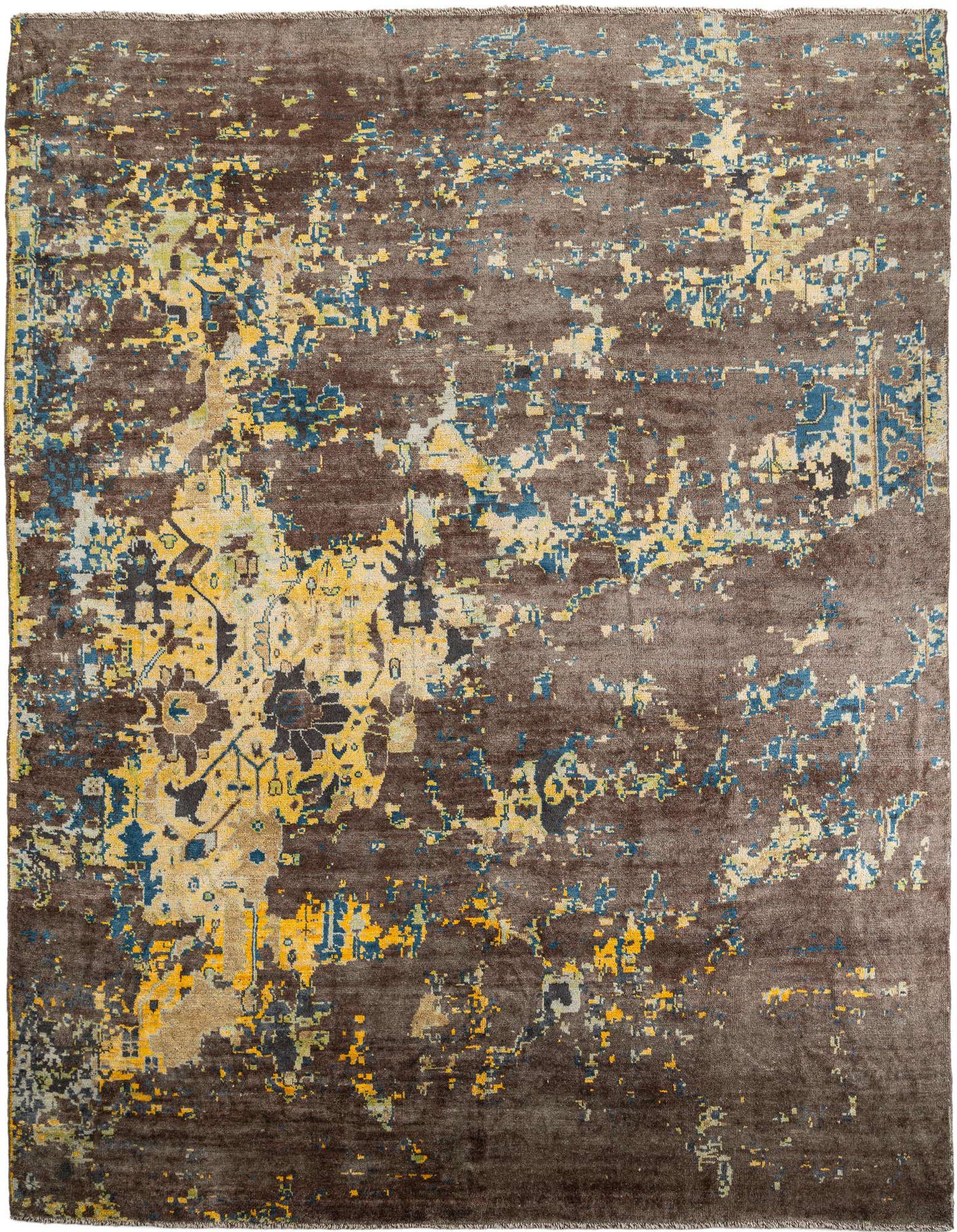 A large 12x16 rectangular modern abstract wool rug with a high pile, featuring a distressed pattern in shades of brown, tan, yellow, and blue.