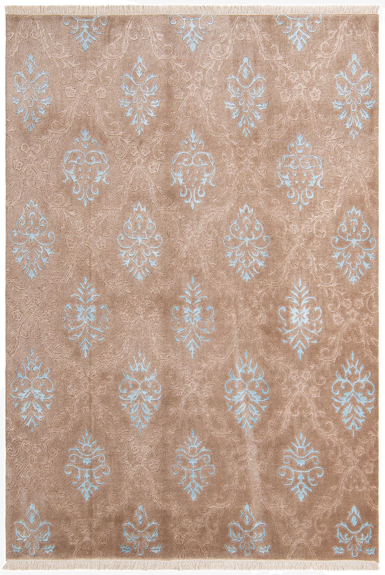 A 7x10 rectangular Darya rug in shades of brown and tan with light blue modern oriental patterns, featuring a high pile and fringe.