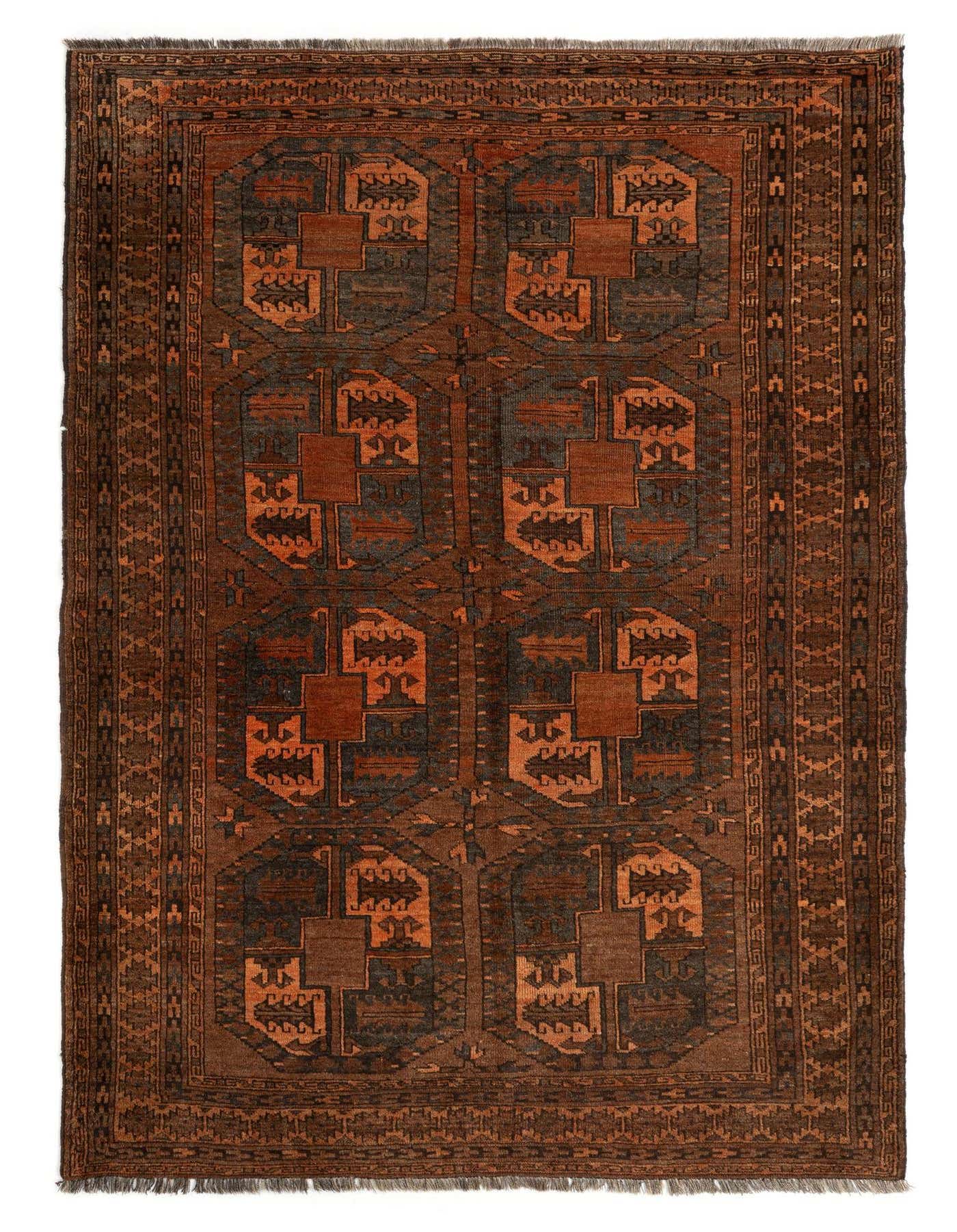 A 5x8 rectangular Doltabat Persian rug in rich browns and tans with intricate geometric patterns, perfect for an entryway or living room.