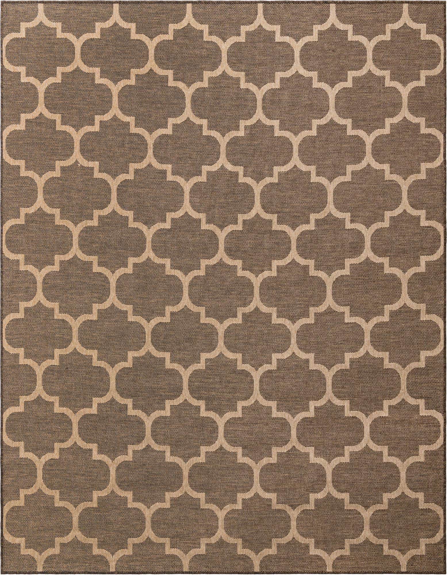 A rectangular 8x10 brown flatweave rug with a repeating tan modern trellis pattern, suitable for an indoor living room.