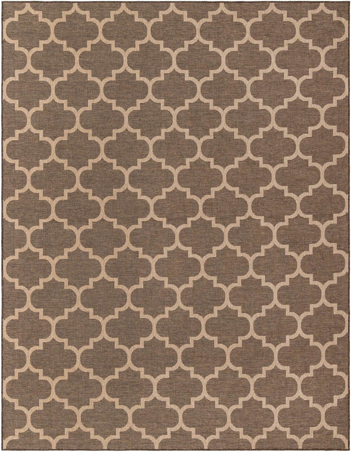 A 9x12 rectangular brown and tan flatweave rug featuring a modern trellis pattern, suitable for an indoor living space.
