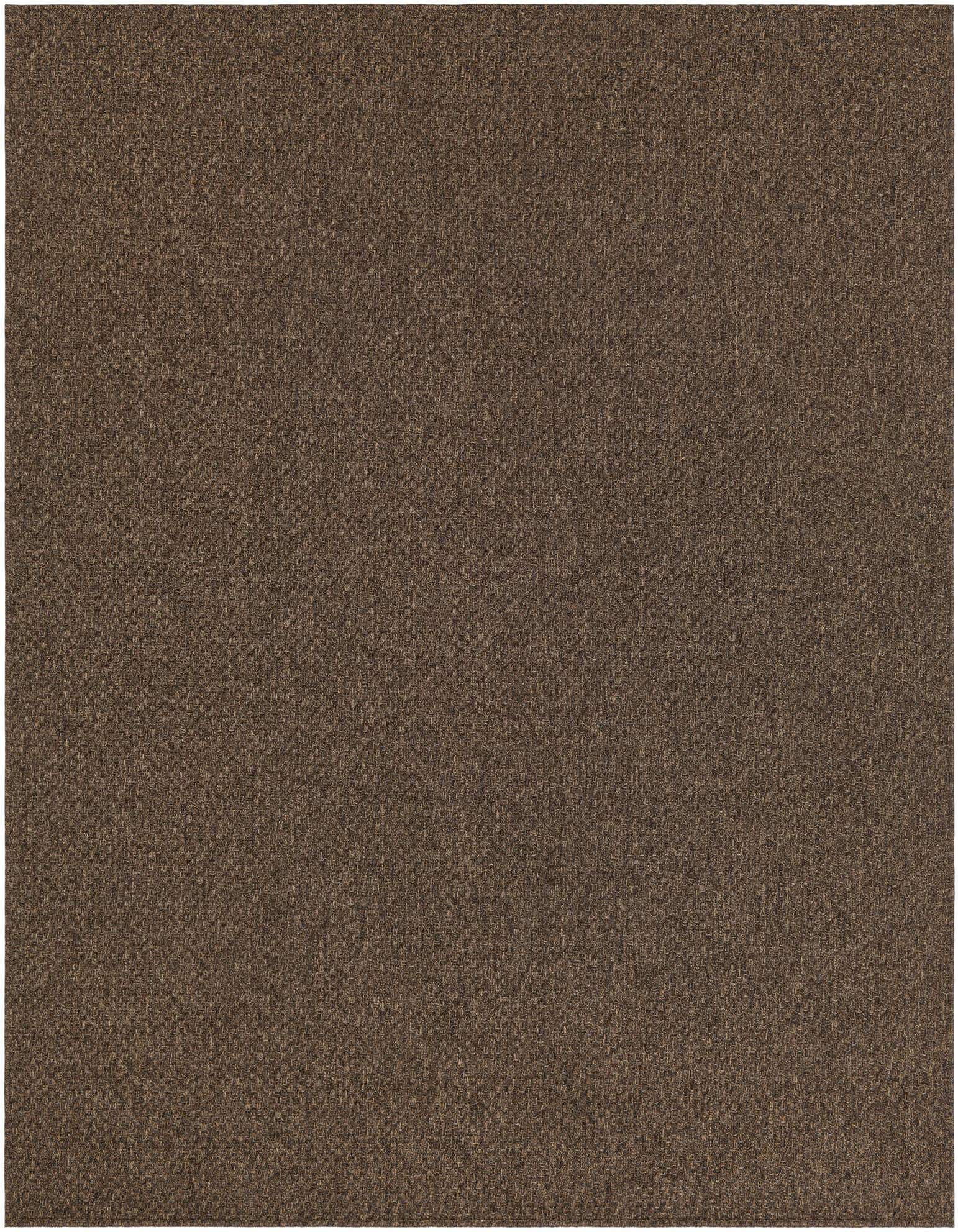 A close-up view of an 8x10 rectangular brown and tan polypropylene flatweave rug with a textured pile.