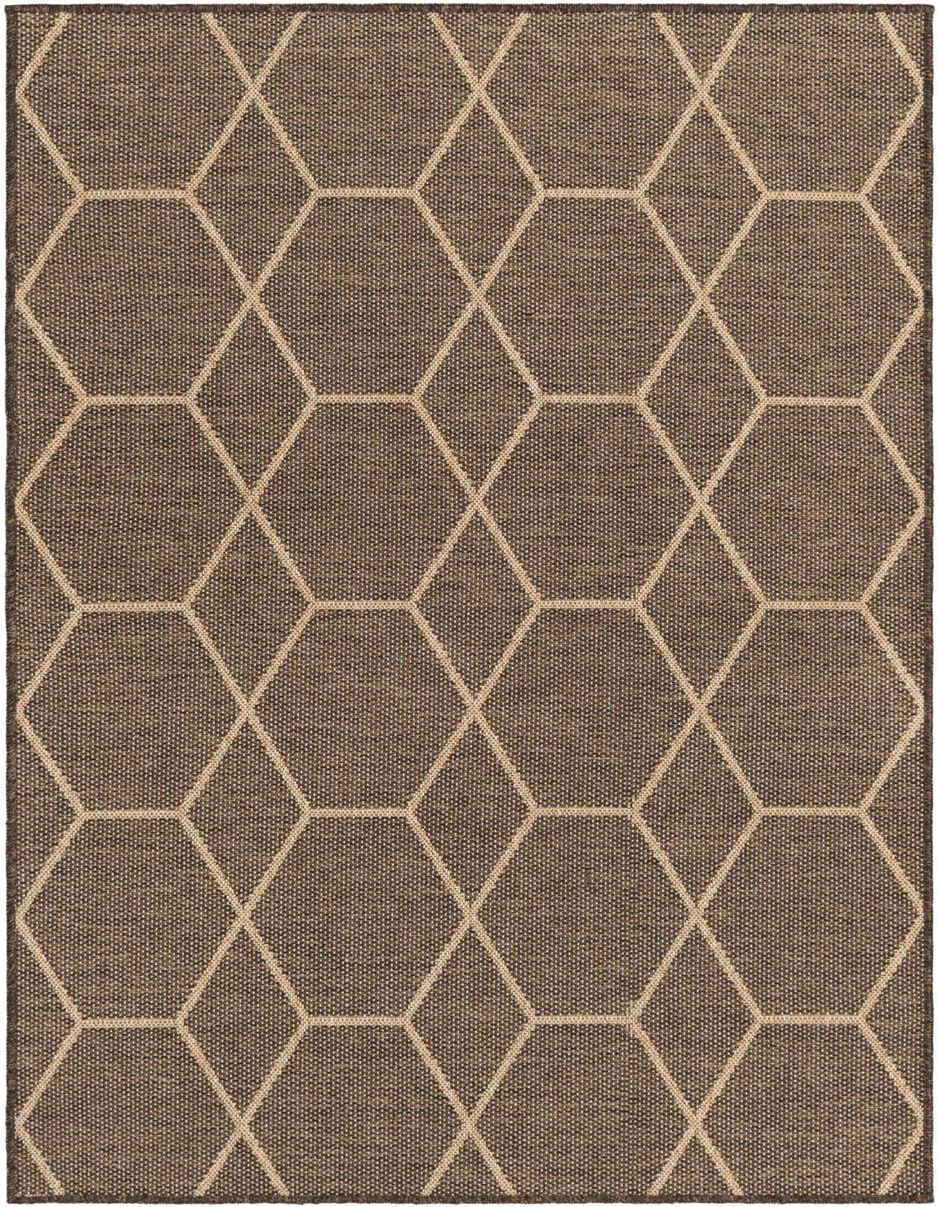 A 4x6 rectangular brown flatweave rug with a modern tan trellis pattern, suitable for various indoor rooms.