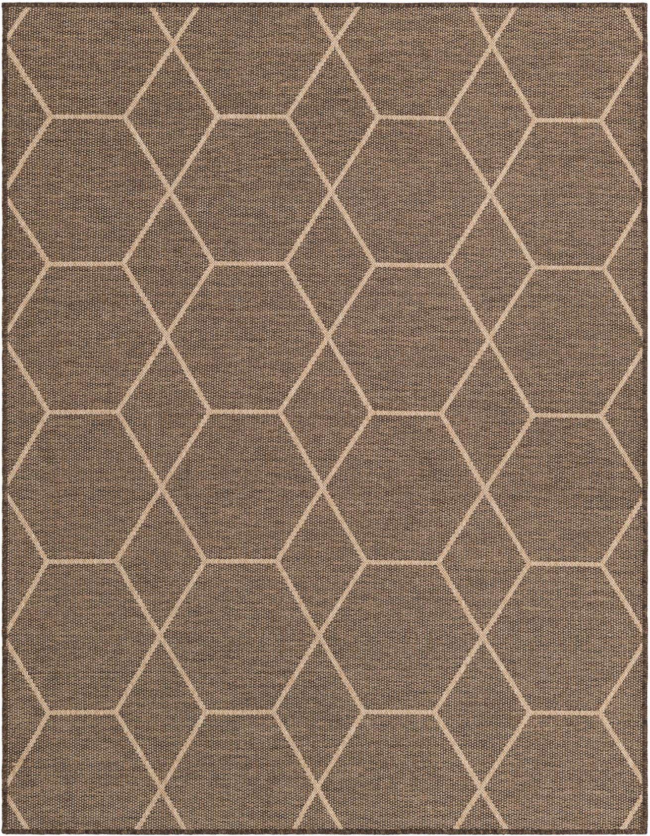 A 5x8 rectangular brown area rug with a modern tan geometric trellis pattern, suitable for a living room or entryway.